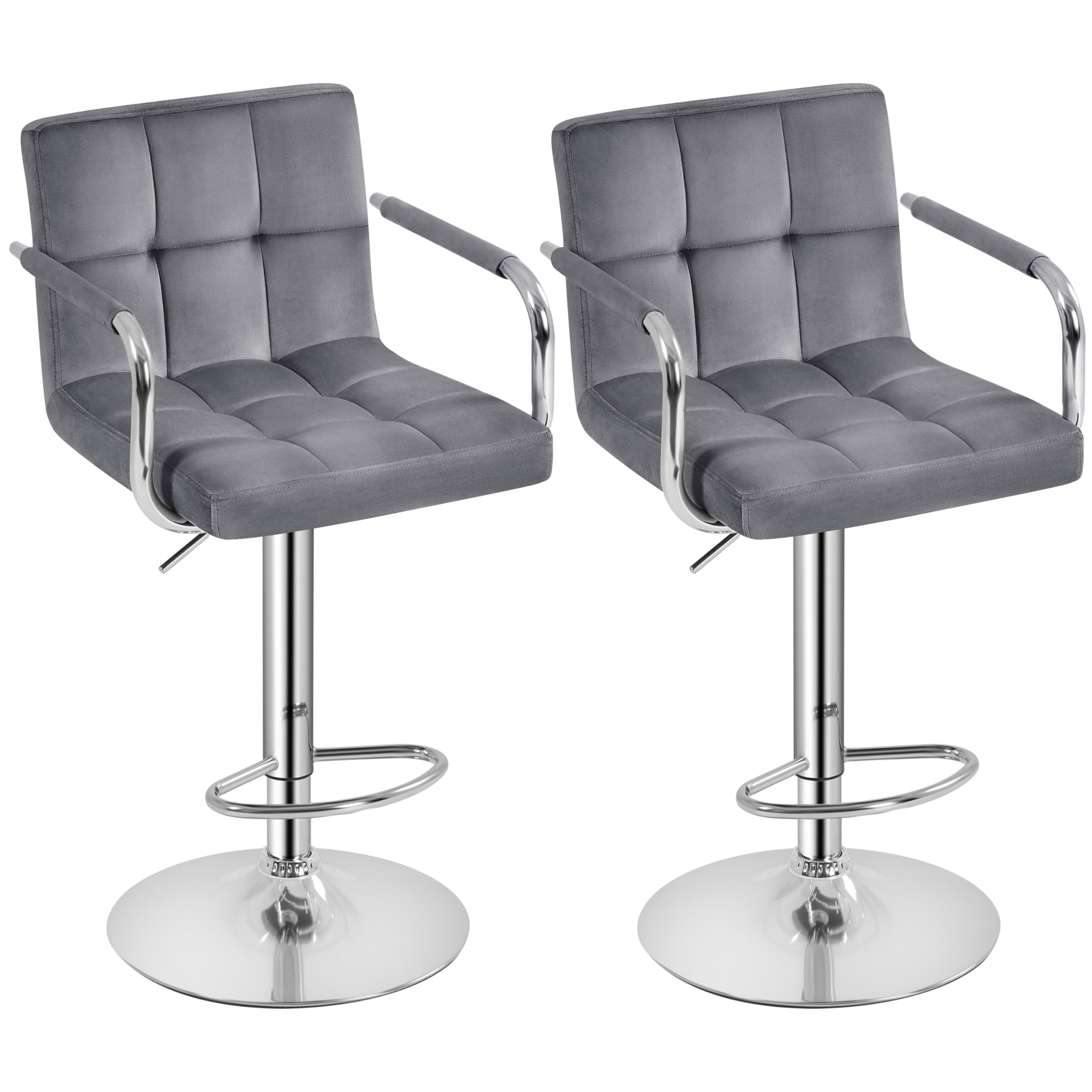Yaheetech Counter Height Bar Stools Set Of 2 Velvet Swivel Barstools For Kitchen Stool Height Adjustable Counter Stool Barstools With Armrest, Velvet, Grey