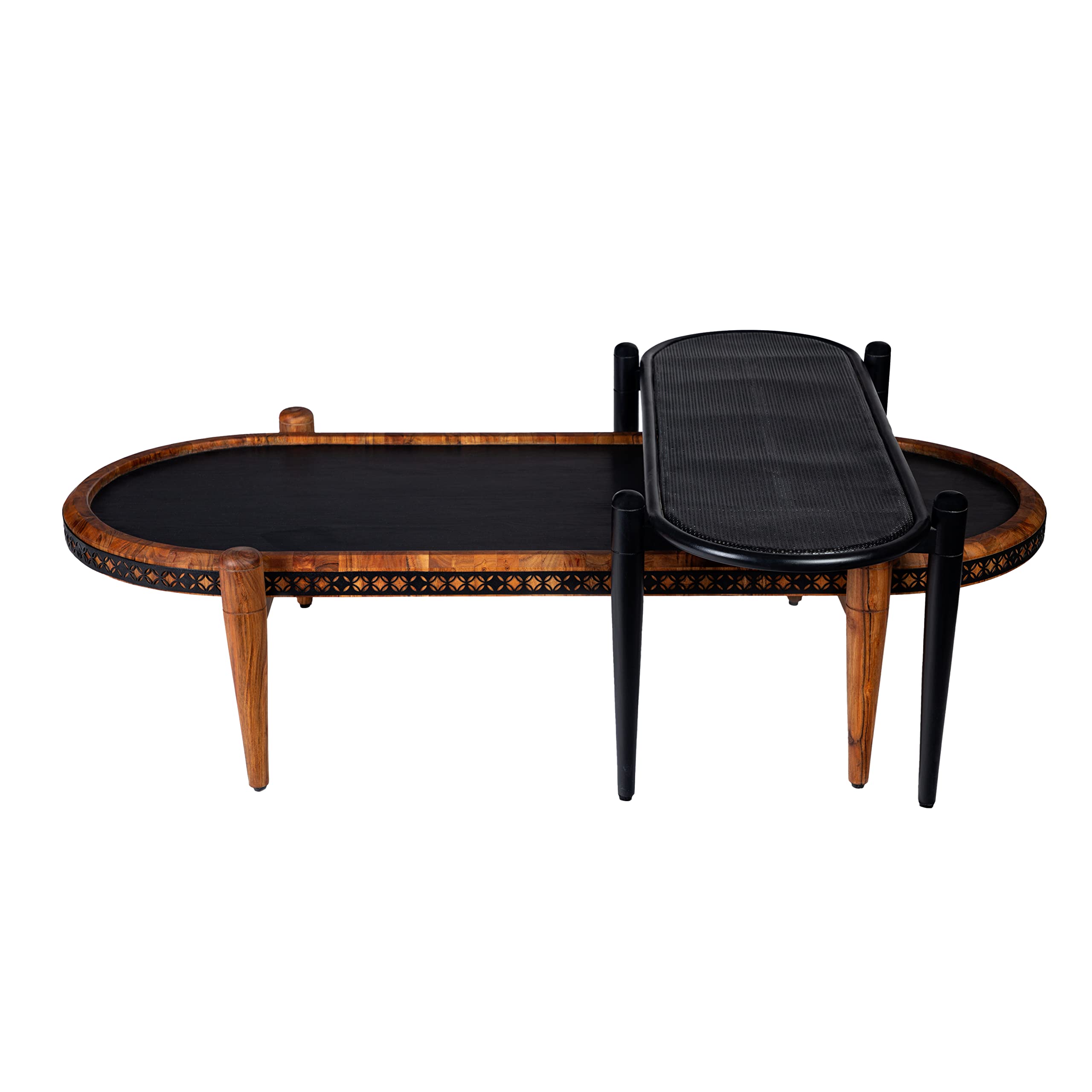 TUP The Urban Port 50, 39 Inch 2-Piece Oval Acacia Wood and Metal Nesting Coffee Table Set, Brown and Black