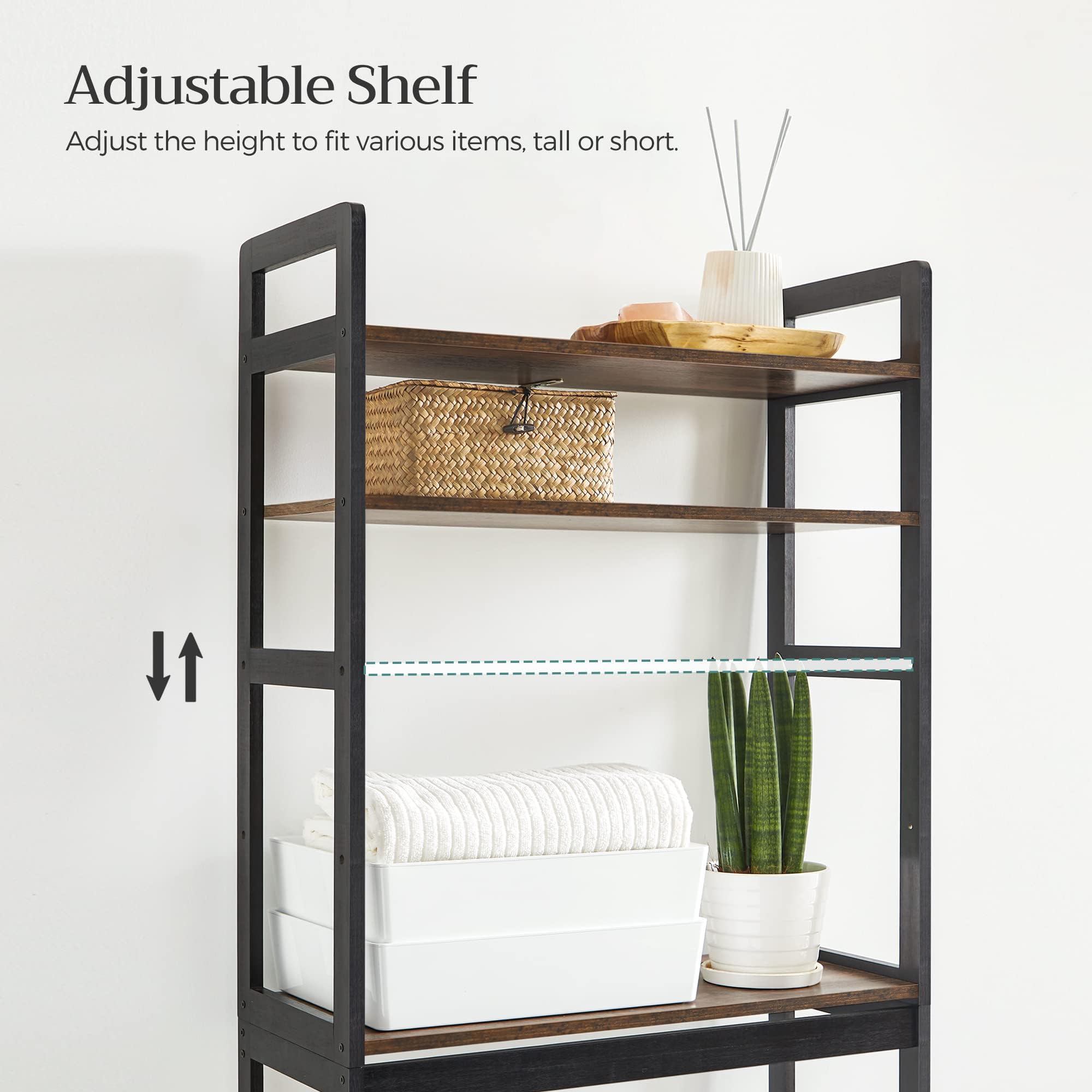 SONGMICS 3-Tier Over Toilet Storage, Adjustable Bathroom Organizer Shelf, Rustic Brown and Black, 10.2 x 24.8 x 64.2 Inches