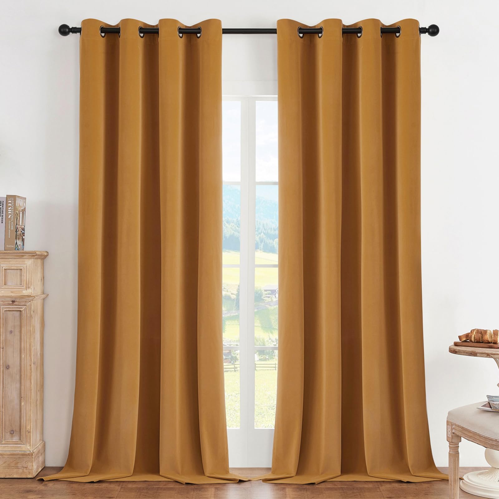 Joydeco Mustard Yellow 100% Blackout Curtains 120 Inch Curtain 2 Panels Set, Black Out Curtain For Bedroom, Grommet Heavy Luxury