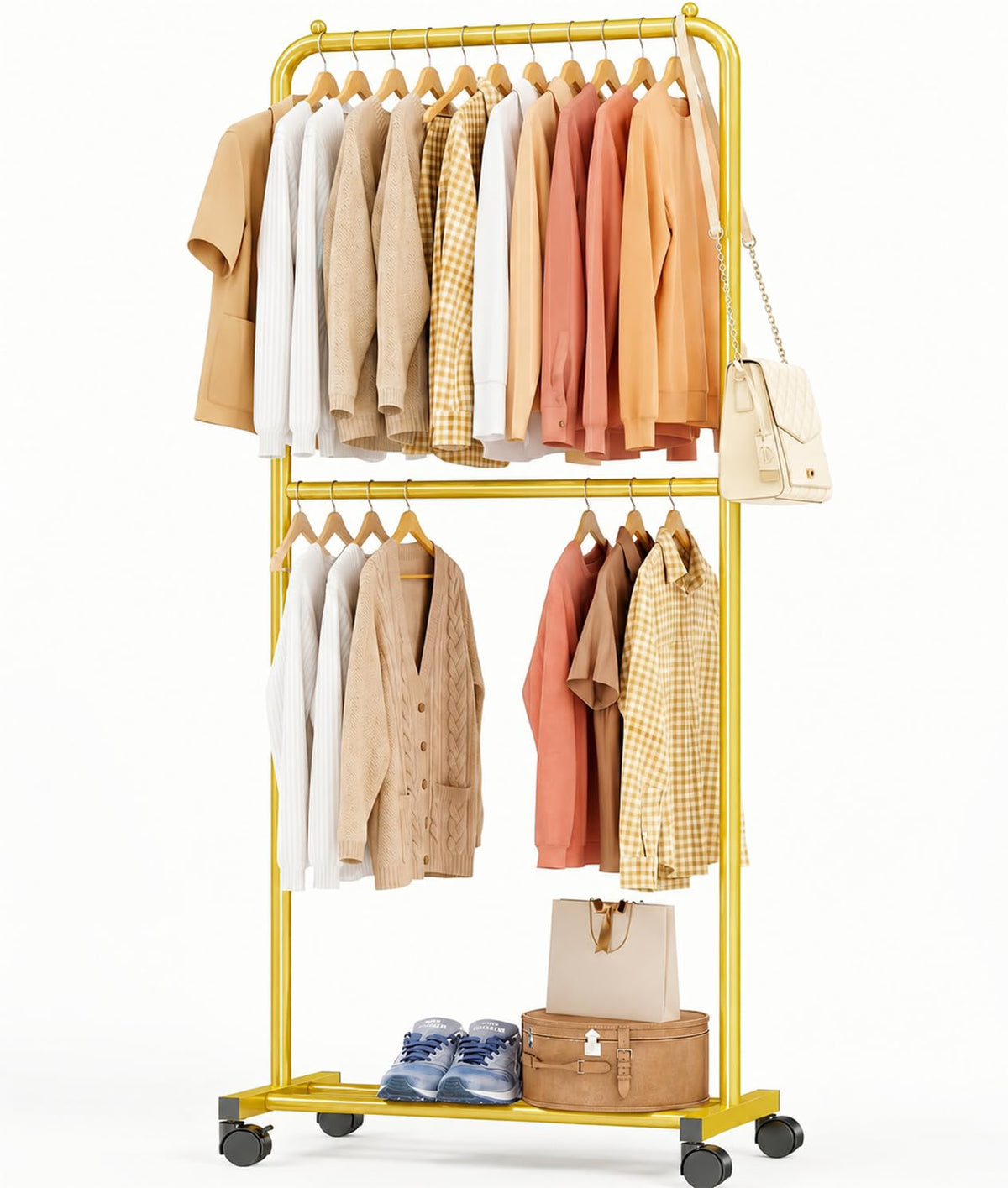 MWQ Standard Clothes Garment Rack, Portable Double Clothing Rack with Wheels and Bottom Shelf, Rolling Wardrobe Rack for Bedroom