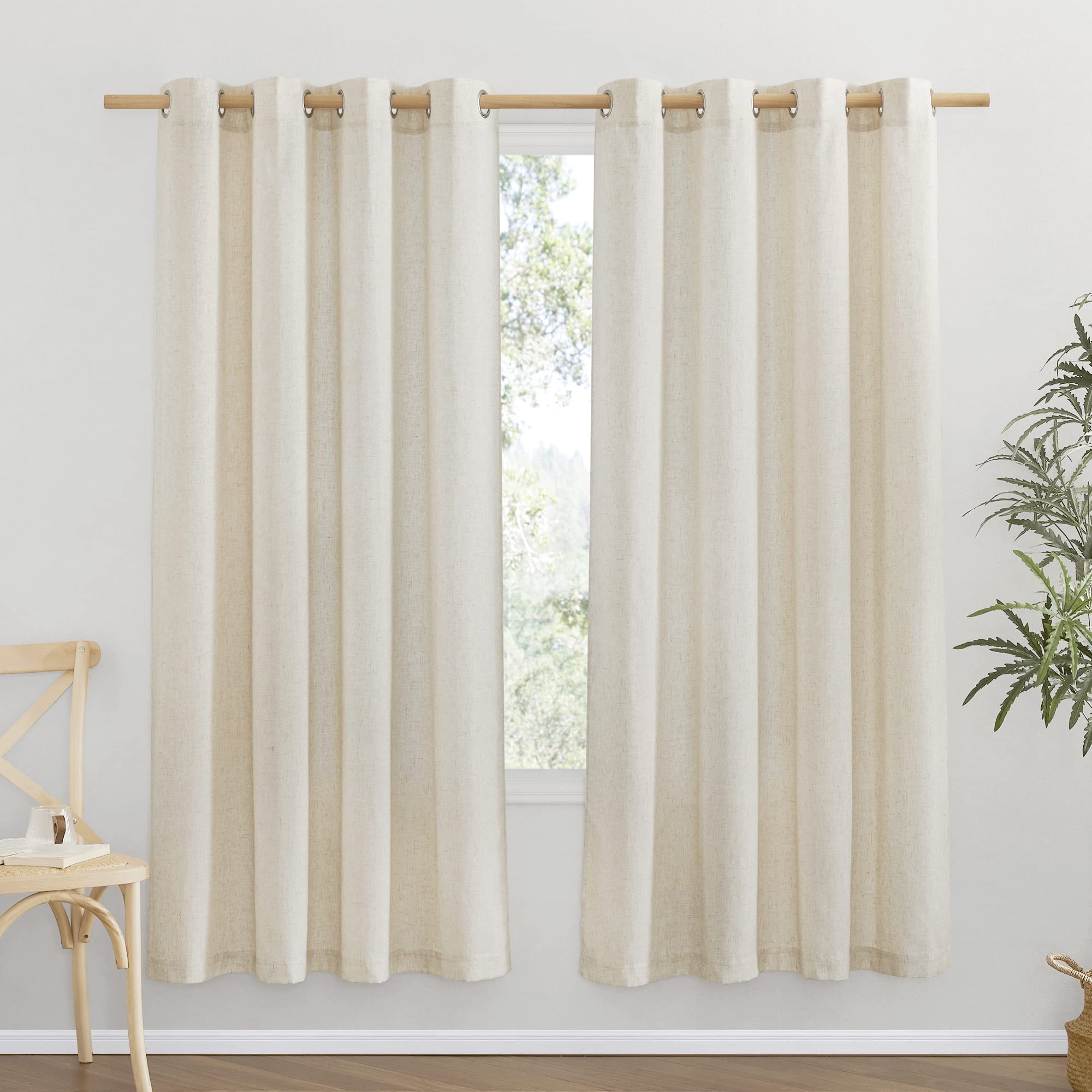 Nicetown Linen Flax Semi Sheer Curtains 72' Length, Grommet Window Treatments Privacy Added With Light Penetration Vertical Drapes For Loft/Home Office, Natural, W55 X L72, 2 Panels