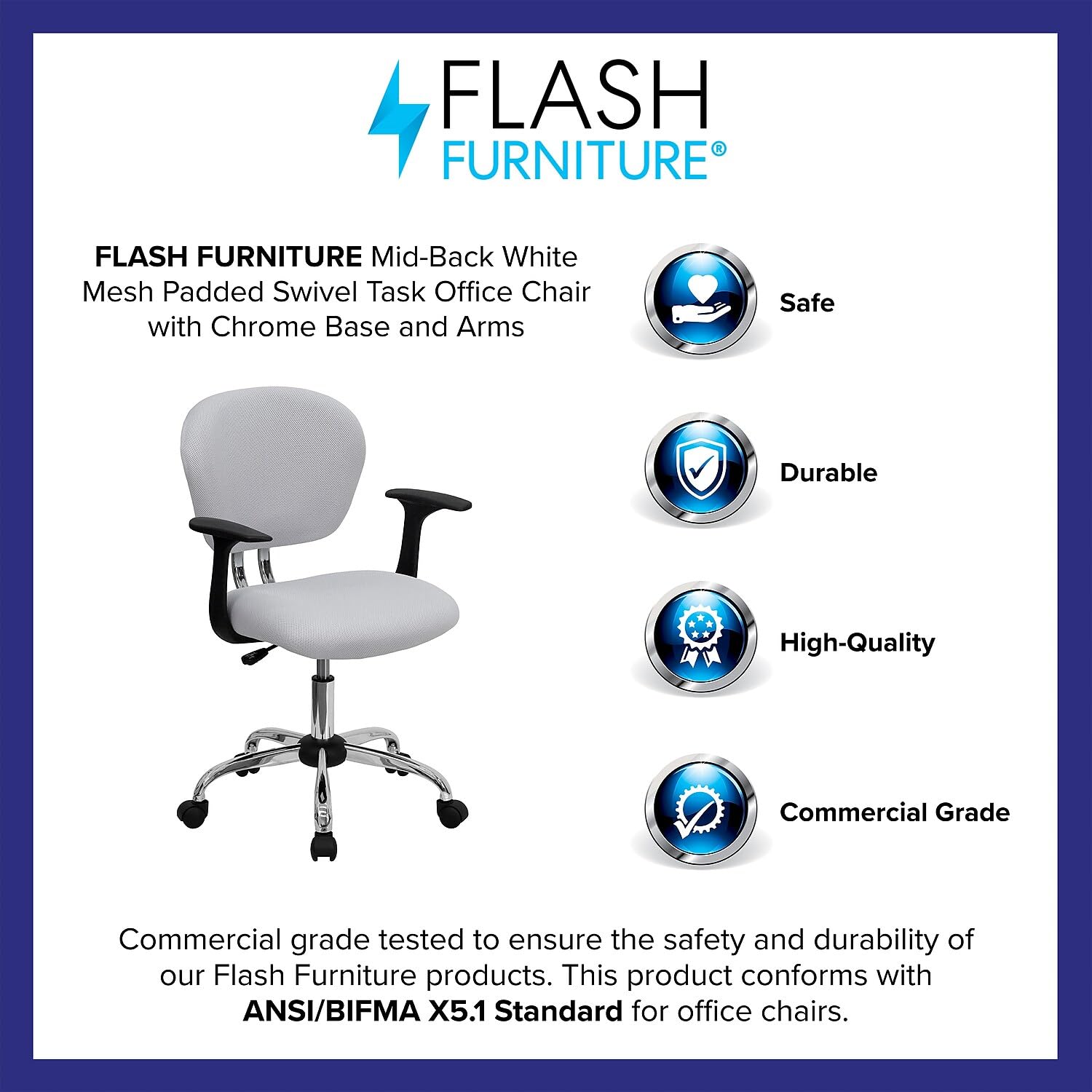 Flash Furniture Beverly Mid-Back White Mesh Padded Swivel Task Office Chair with Chrome Base and Arms