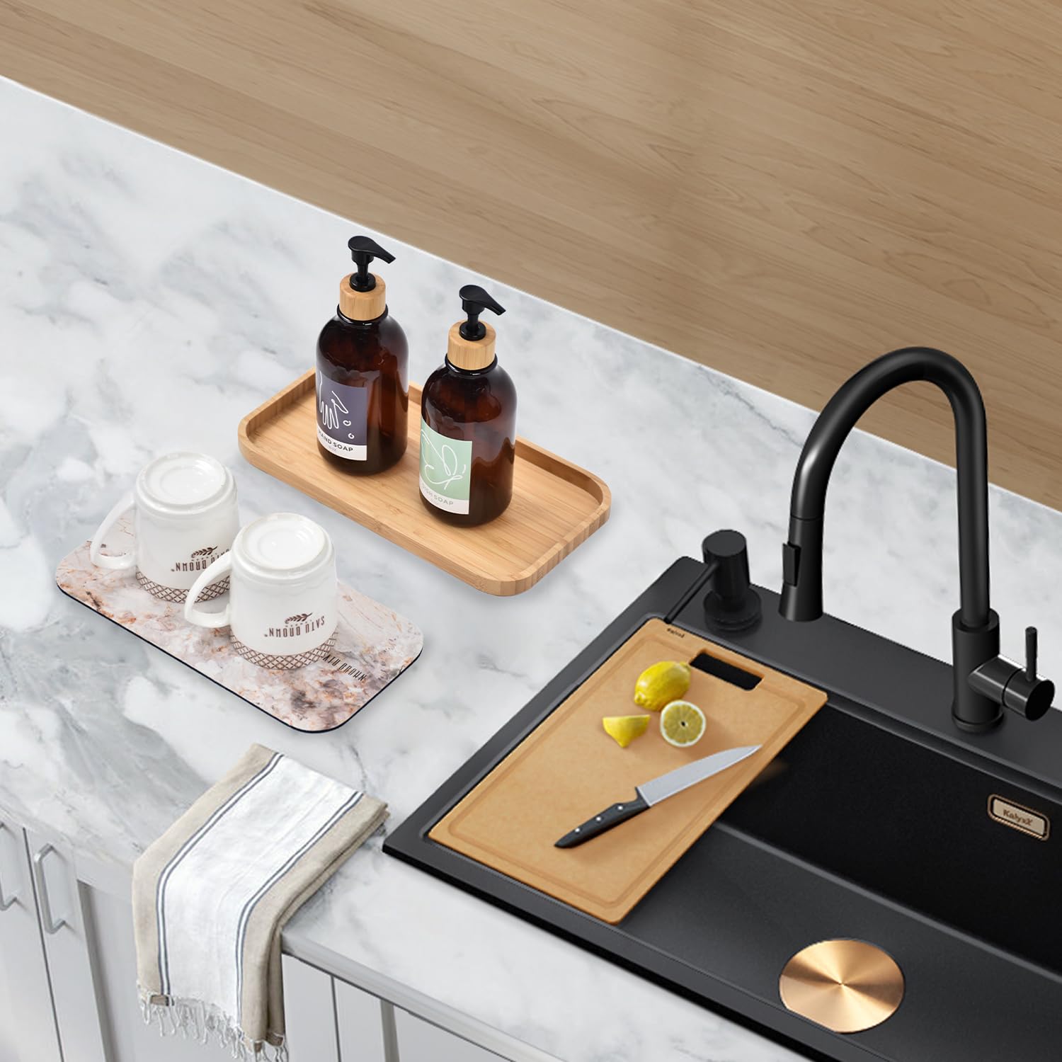 Bamboo Vanity Tray And Dish Drying Mat, Bathroom Counter Tray, Bamboo Tray For Bathroom And Home Decor, 11.8L X 6.1W X 0.9H Inch