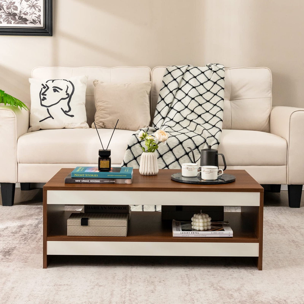 Giantex 2-Tier Coffee Table, 37' Rectangular Coffee Table With Open Storage Shelf & Natural Wood Grain Tabletop, Modern Coffee Tea Table For Living Room Office, Walnut