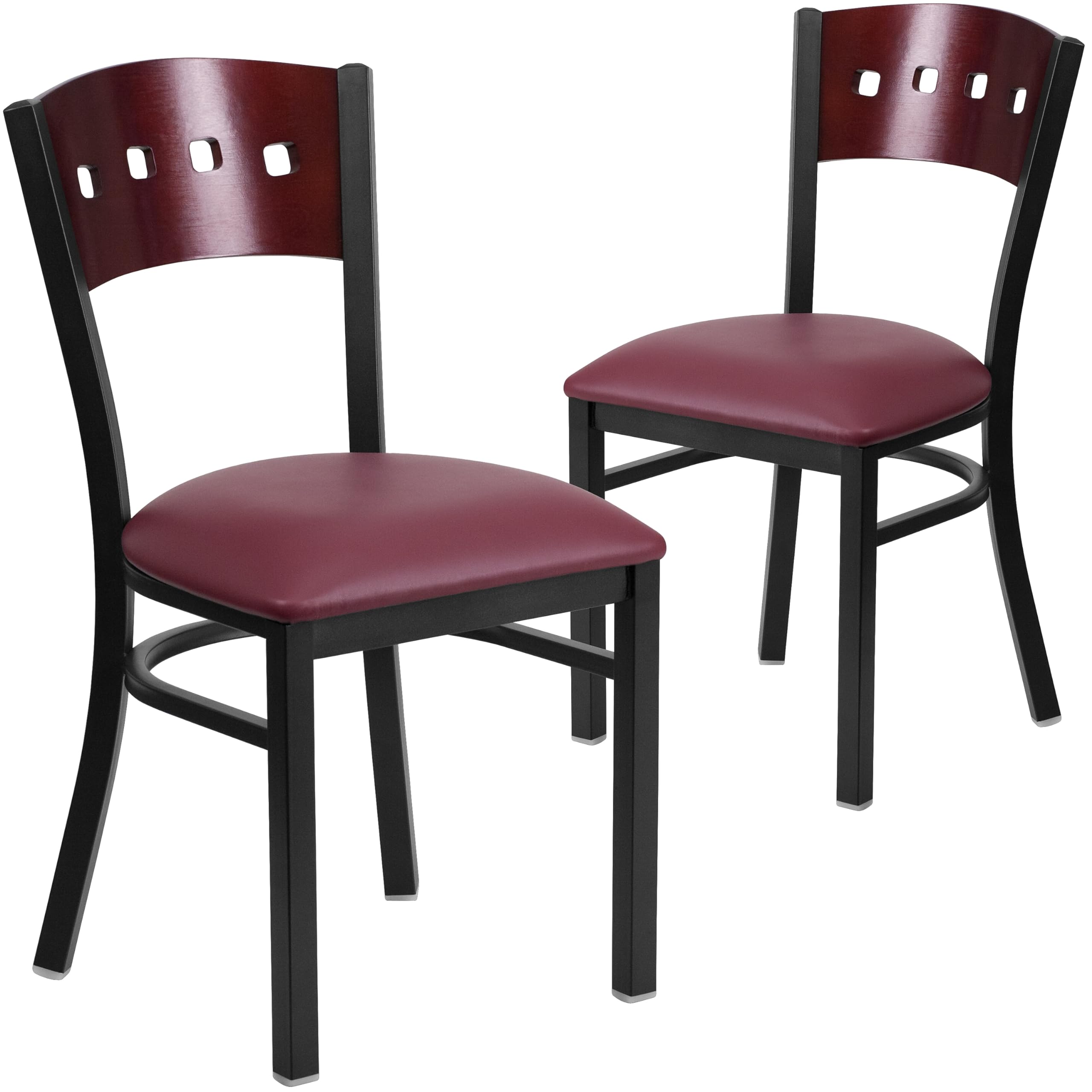 2 Pk. 4 Square Back Metal Chair - Mahogany Wood Back, Burgundy Vinyl Seat