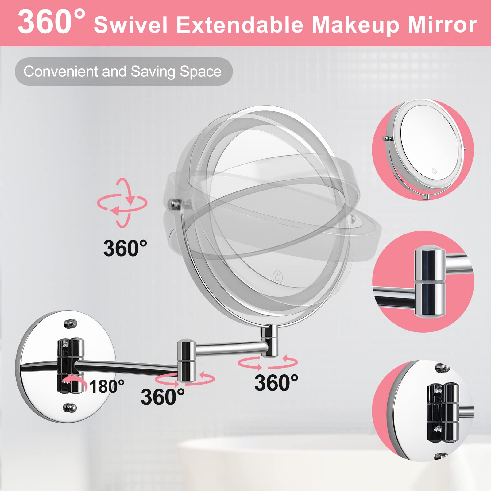 Ffowcye Wall Mounted Makeup Vanity Mirror With Lights, 8    Double Sided 1X/10X Wall Mount Magnifying Bathroom Shaving Mirror Wi