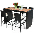 Tangkula 7 Pcs Outdoor Wicker Furniture With Acacia Wood Bar Table Top And Removable Cushion, Conversation Set For Dining, Patios, Backyards, Porches, Gardens And Poolside (Black)