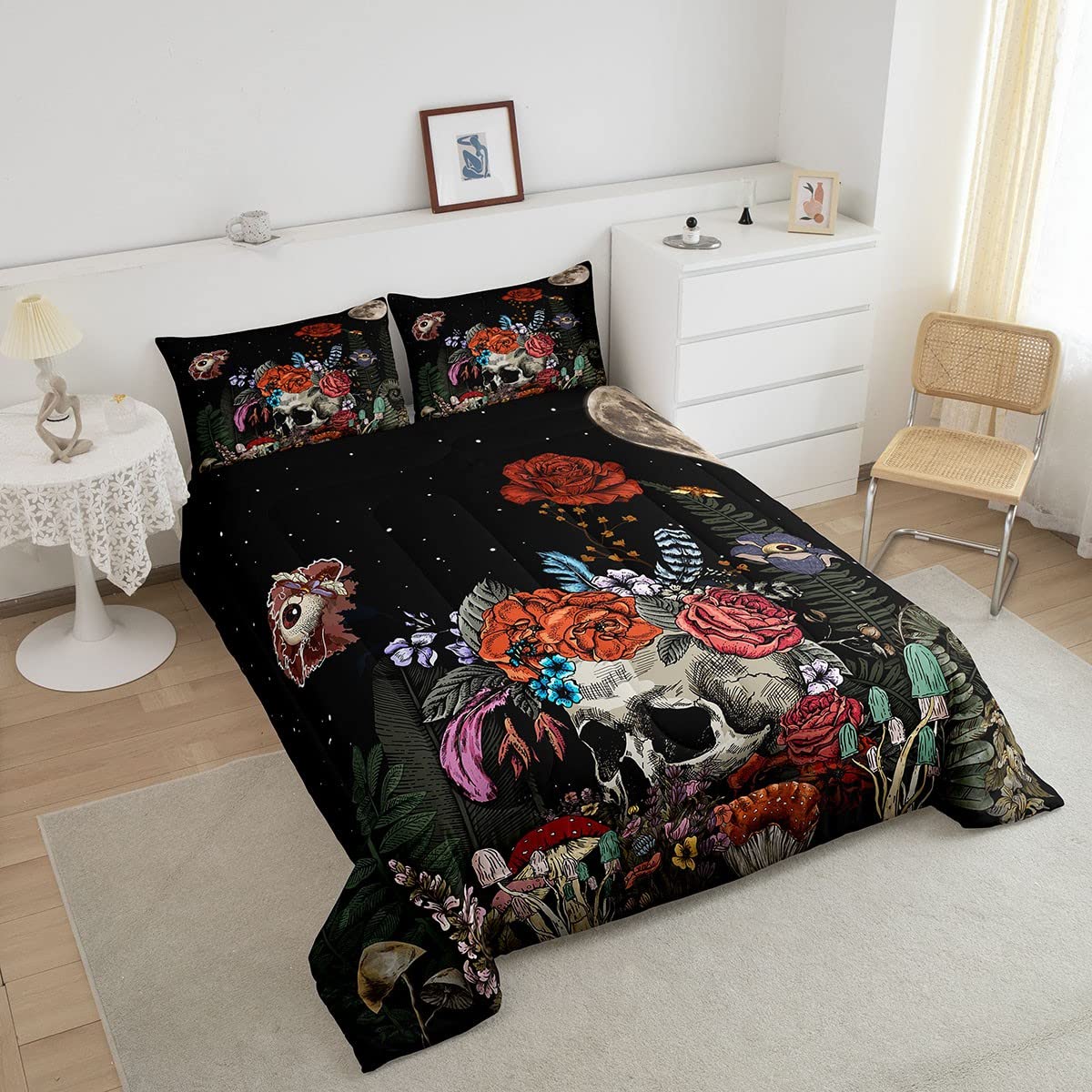 Erosebridal Sugar Skull Bedding Set,Botanical Flower Comforter Set For Kids Boys Girls Home Decor,Starry Sky Duvet Set Trippy Ga