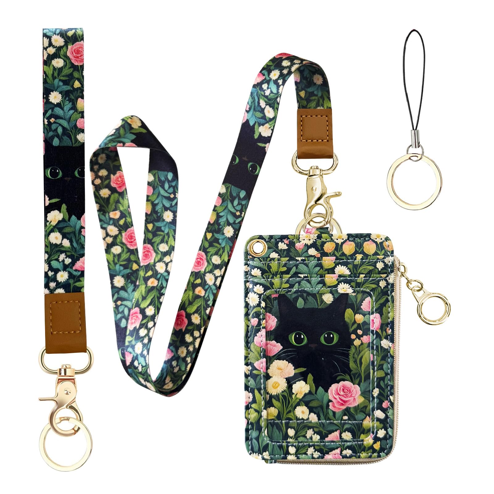 2-In-1 Id Badge Holder & Lanyard Wallet Cute Women Leather Zip Id Case Wallet With Breakaway Wrist Neck Lanyard, Clear Window, 5