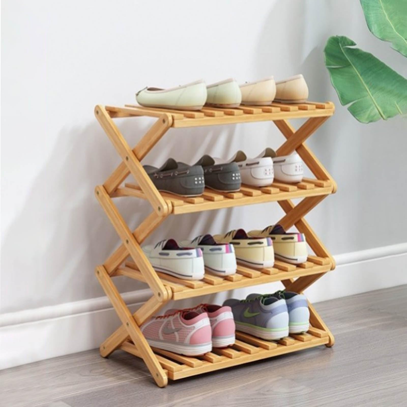 Glsety 4 Tier Bamboo Shoe Rack,Portable Folding Shoe Storage Rack,Without Installation Small Shoe Rack Perfect for Corridors, Be
