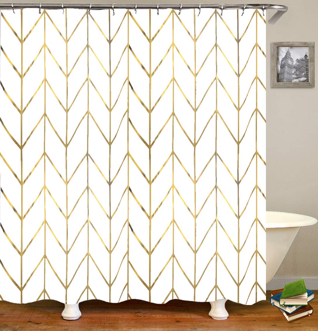 Jtmall Shower Curtain With Gold Chevron, Geometric Pattern, Gold Shower Curtain Hooks/Rings, White Fabric, 72' X 72', Bathroom