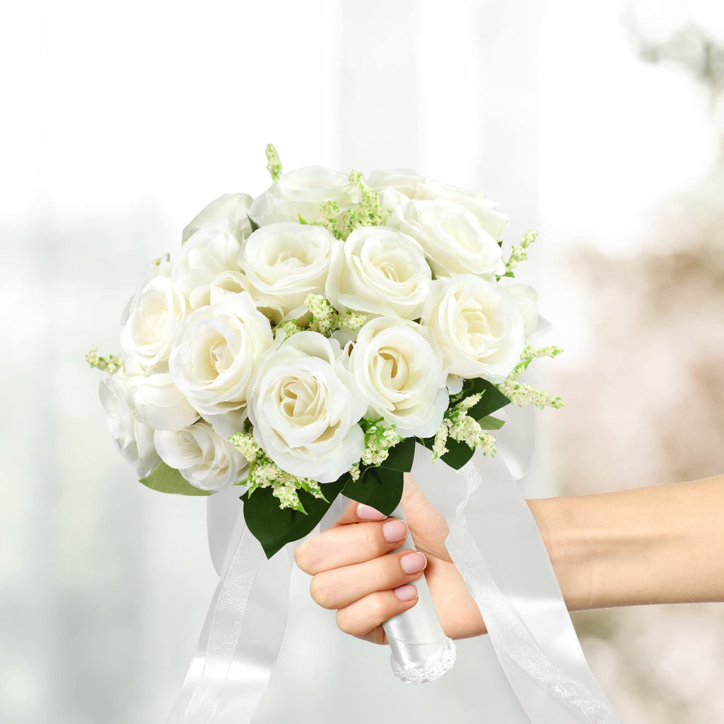 Febou Wedding Bouquets For Bride Bridesmaid Bouquet Ivory Bridal Bouquet Artificial Roses For Wedding Church Home Decoration (Iv