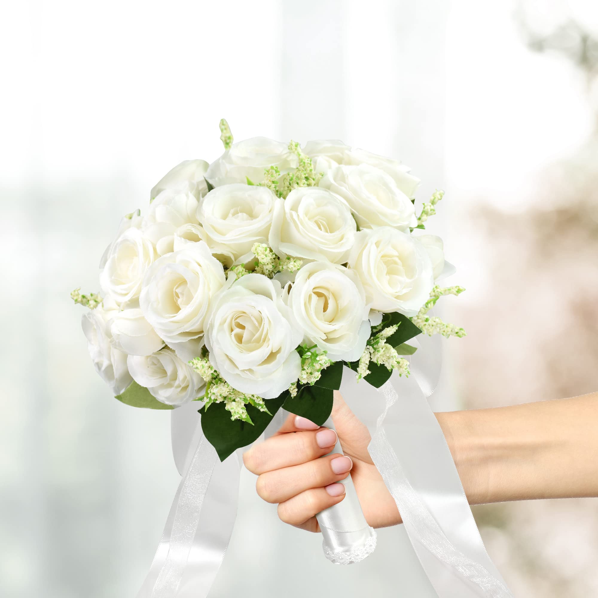 Febou Wedding Bouquets For Bride Bridesmaid Bouquet Ivory Bridal Bouquet Artificial Roses For Wedding Church Home Decoration (Iv