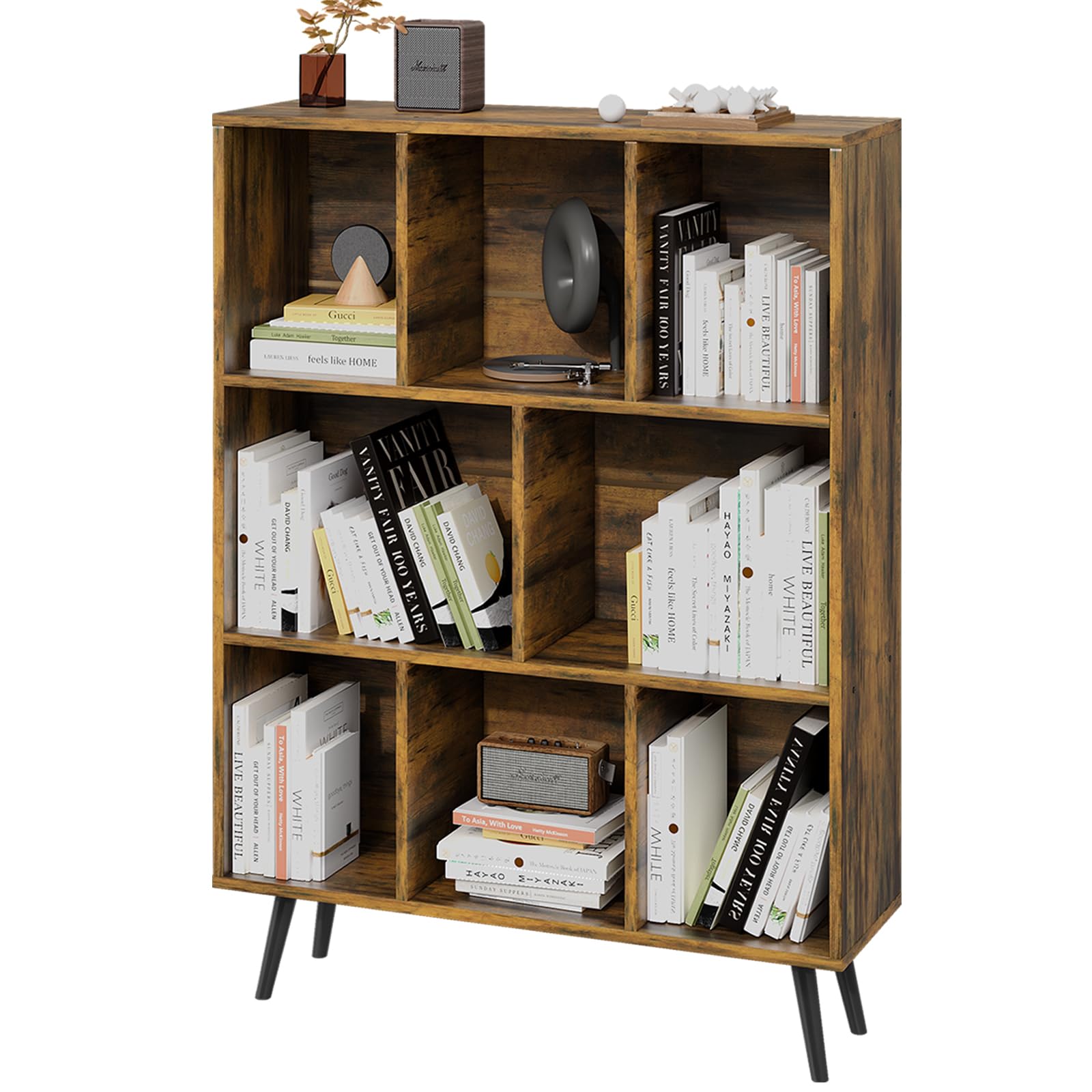 Grusign 8 Cube Shelf, 3-Tier Open Bookshelf With Legs, Floor Standing Office Bookshelf, Wooden Bookcase For Office Furniture, Cu