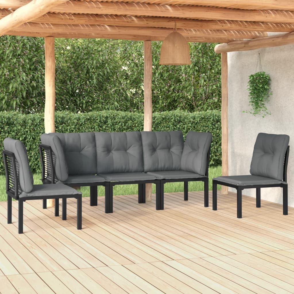 vidaXL 5 Piece Patio Lounge Set in Black Poly Rattan with Powder-coated Steel Frame and Dark Grey Cushions - Comfortable Outdoor Seating with Modular Design and Easy Assembly