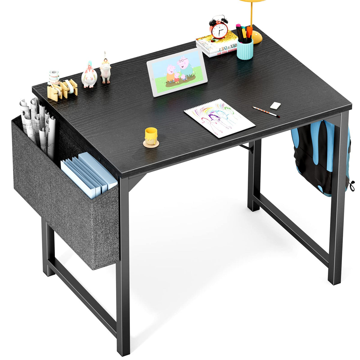 Olixis Computer Small Office Desk 32 Inch Writing Study Work With Storage Bag, Headphone Hooks, Home Simple Modern Wood Kids Student Table - Black