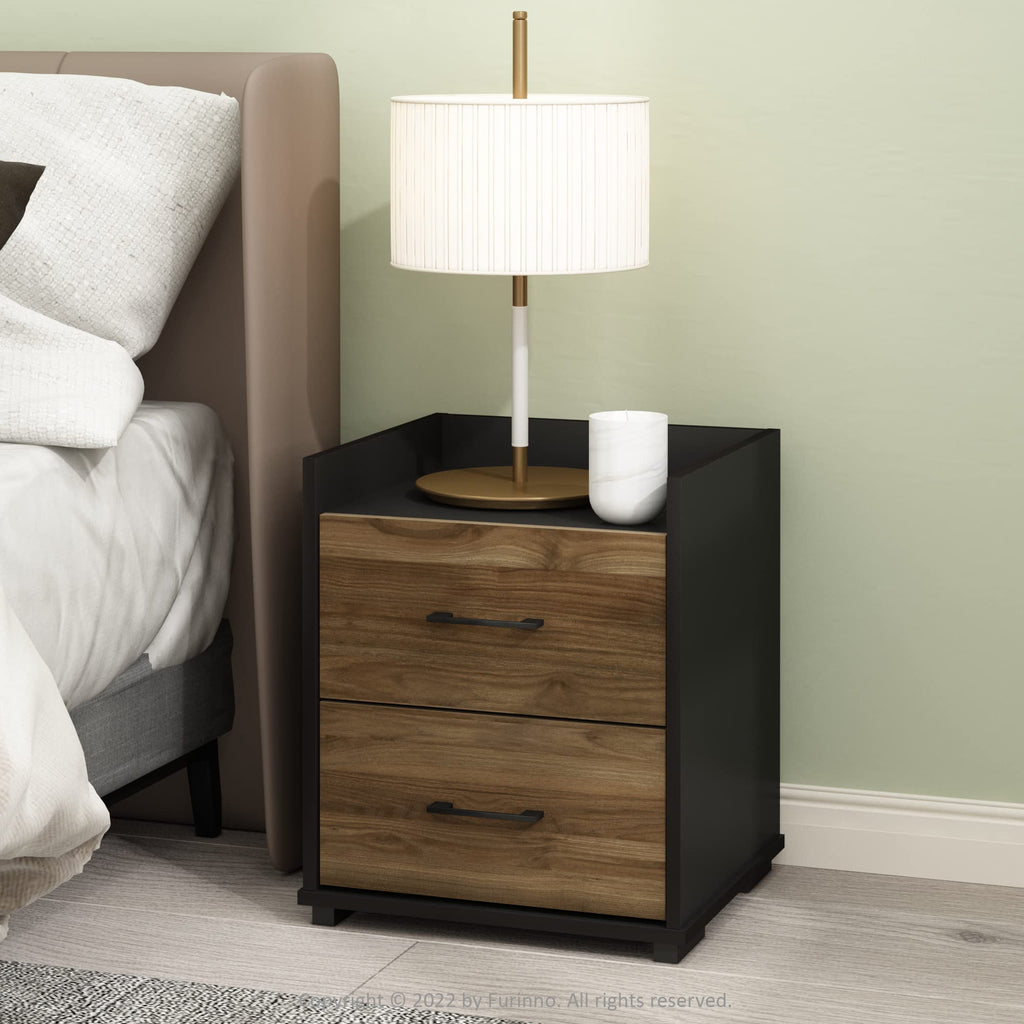 Furinno End Side Night Stand Modern Bedroom Bedside Tables Handle 2 Chest Nightstand, 1-Pack Drawer, Columbia Walnut/Black