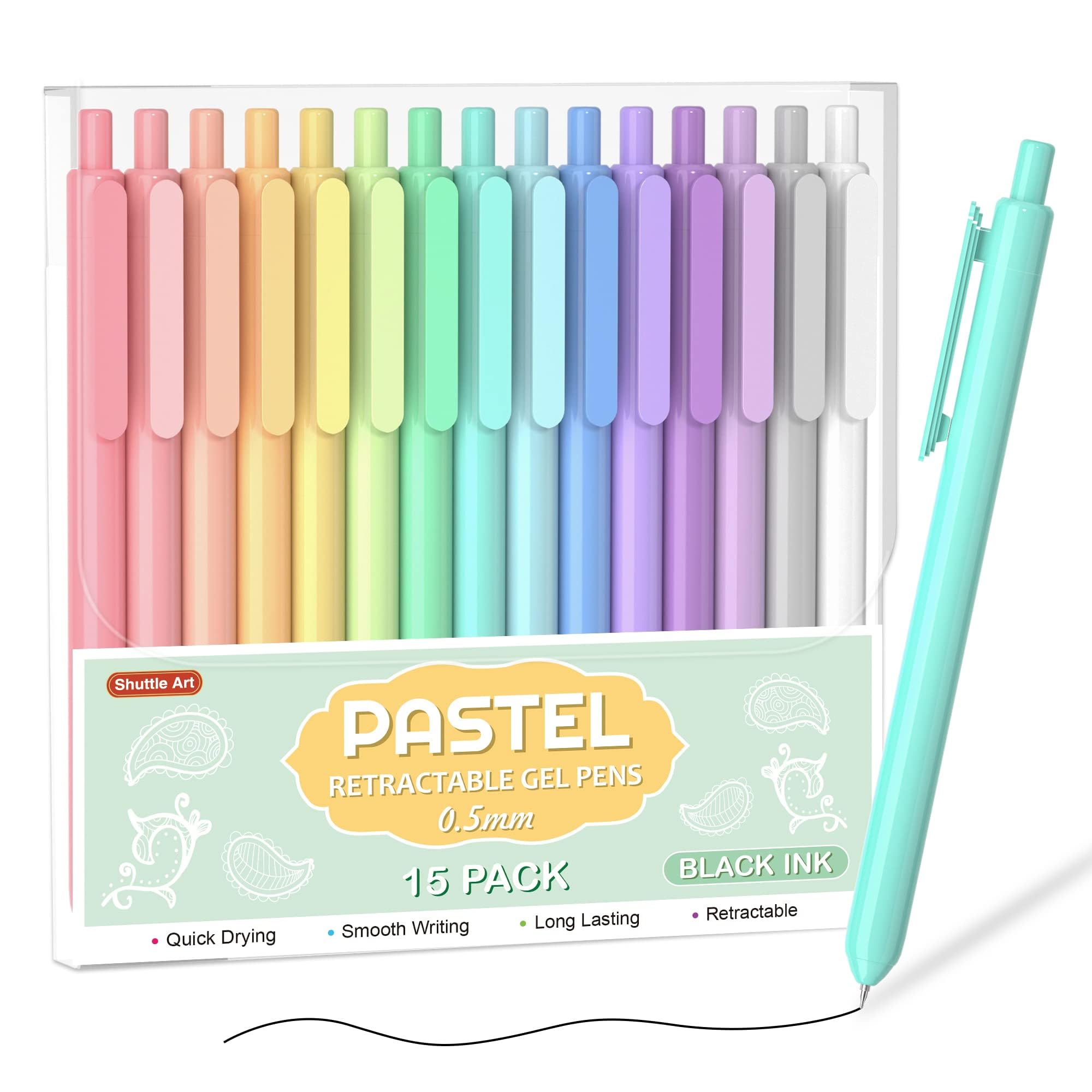 Retractable Pastel Gel Ink Pens, Shuttle Art 15 Pack Black Ink Pens, Cute Pens 0.5Mm Fine Point For Writing Journaling Taking No