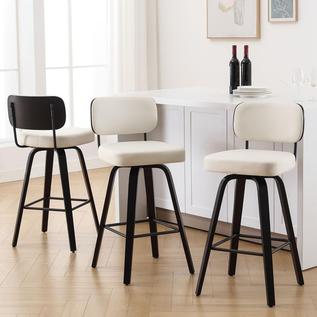Bekrvio Swivel Bar Height Stools Set Of 3, Upholstered Faux Leather Barstools With Back, 29' Seat Height Tall Bar Stools For Kitchen Counter, Black Wood Frame, Cream White