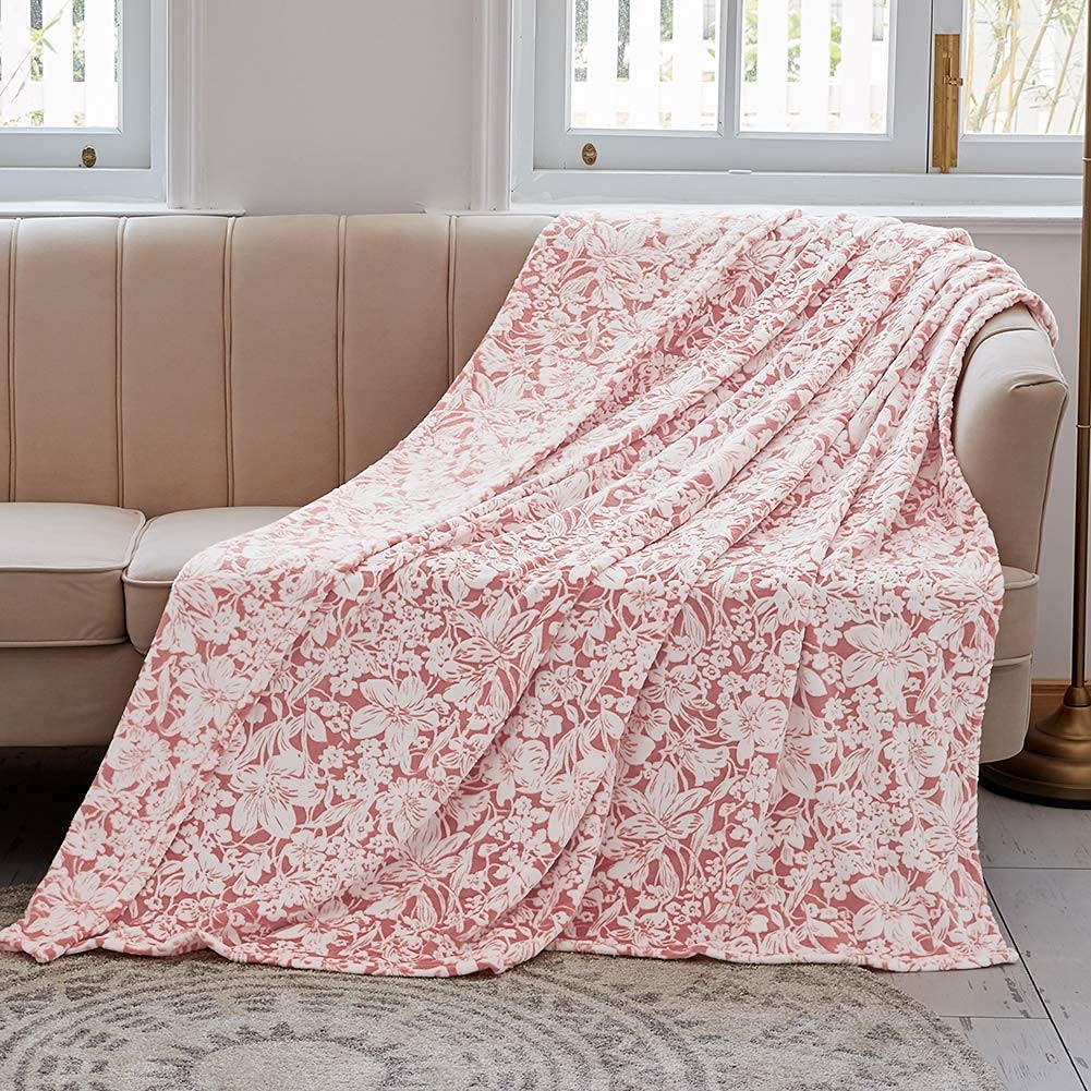 Fy Fiber House Flannel Fleece Throw Blanket Super Soft Lightweight Microfiber With Flower Print For Couch, 90''X90'', Peach