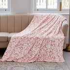Fy Fiber House Flannel Fleece Throw Blanket Super Soft Lightweight Microfiber With Flower Print For Couch, 90''X90'', Peach