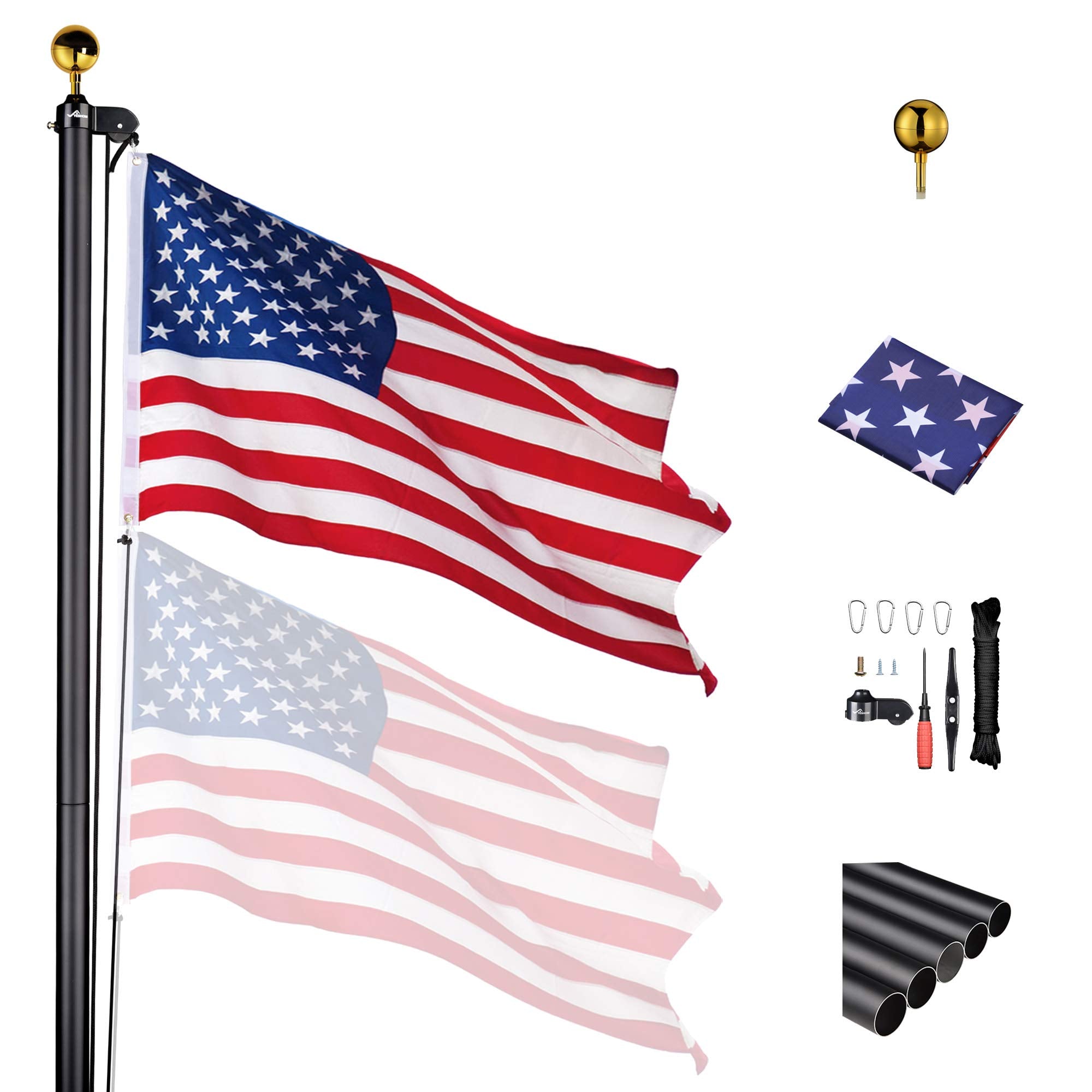 Yeshom 20Ft Black Sectional Flag Pole Kit Extra Thick Heavy Duty Aluminum Flagpole With Gold Ball Fly 2 Flags Residential Commer
