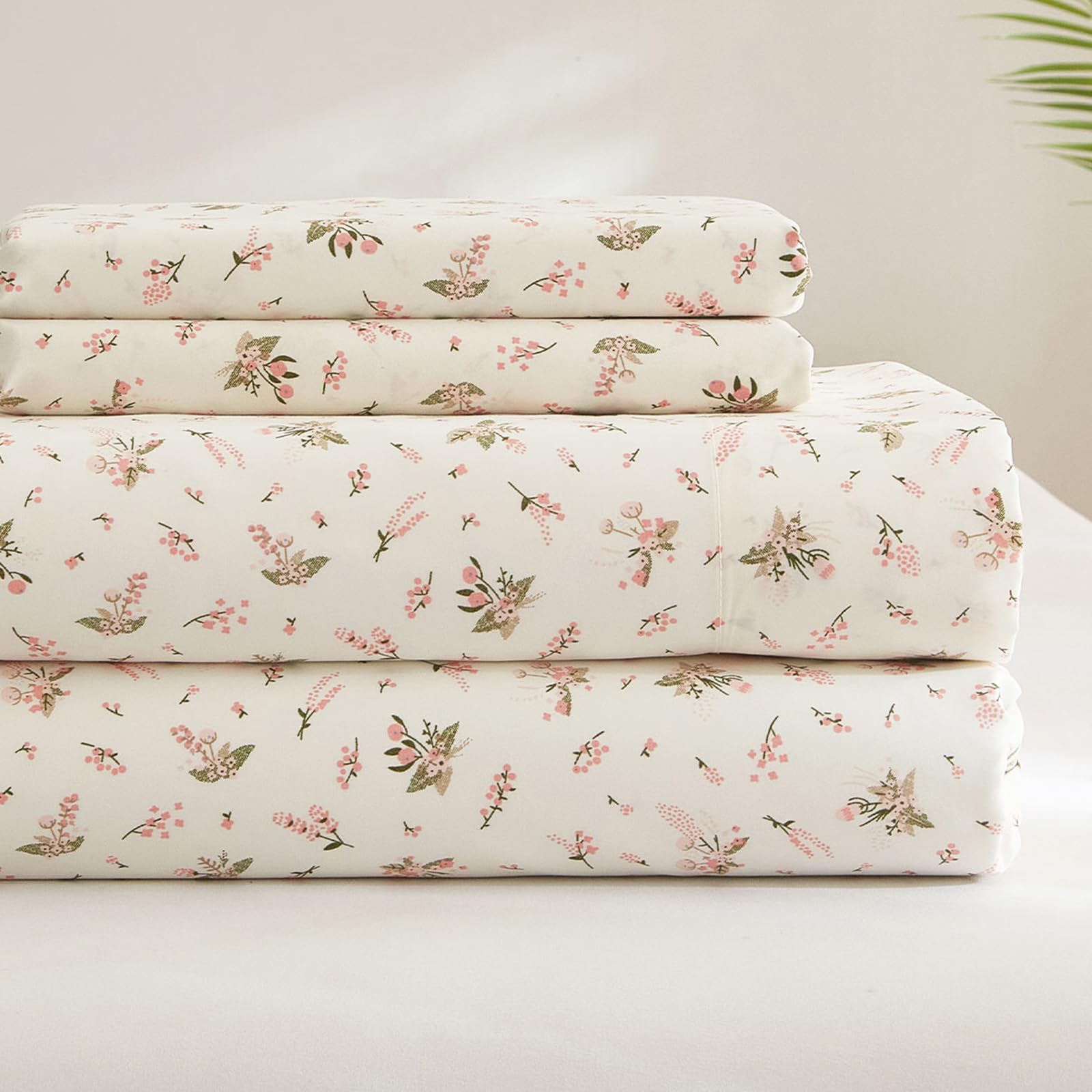 Highbuy Queen Bed Sheet Sets White 4 Piece - Vintage Pink Floral Sheets Set Queen - Luxury Soft Bedding Queen Bed Sheets,Extra D