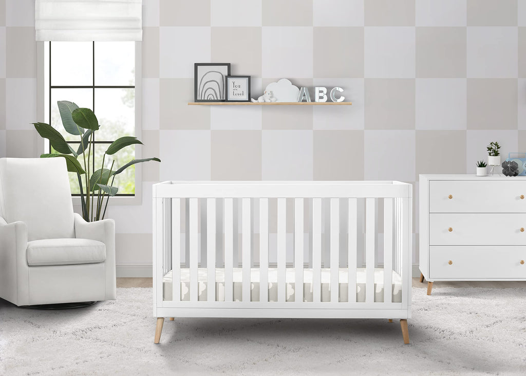 Delta Children Essex 4-In-1 Convertible Baby Crib, Bianca White With Natural Legs