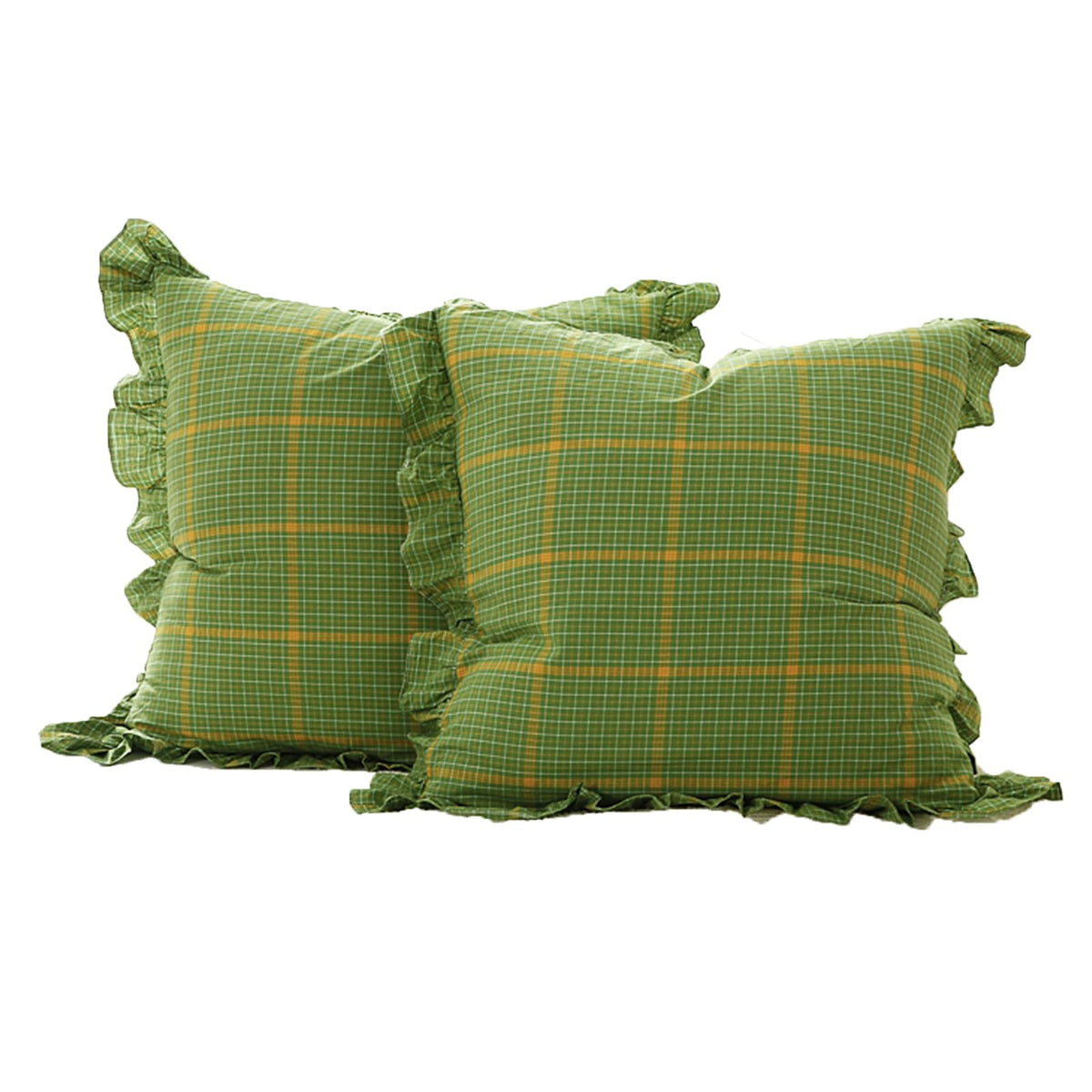 K Masaniji 2 Pack Green Plaid Ruffle Euro Sham Pillow Covers 26X26 Inches, 100% Washed Cotton Yellow Stripes French Country Bed