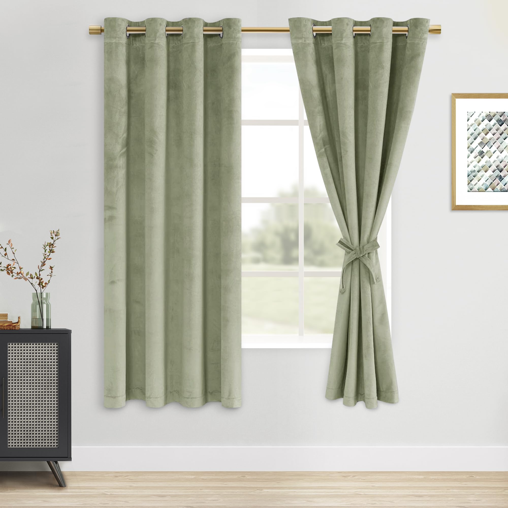 DWCN Velvet Curtains - Light Sage Room Darkening Light Blocking Window Drapes for Nursery Bedroom, Living Room, Tieable Solid Gr