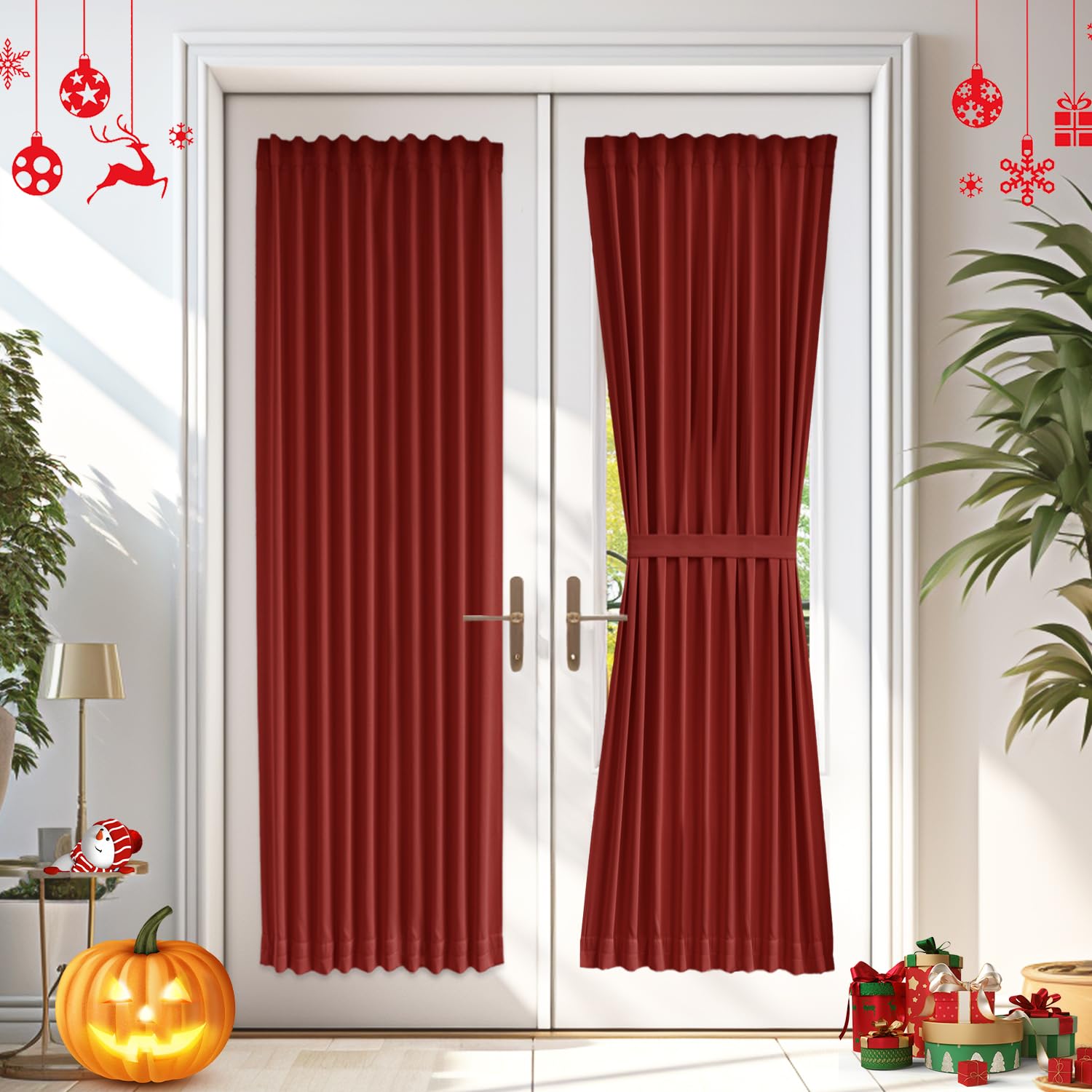 Vatge Christmas Red French Door Curtains - Sidelight Panel For Window, Living Room, And Doorways, Holiday Decor For Doorways, 1
