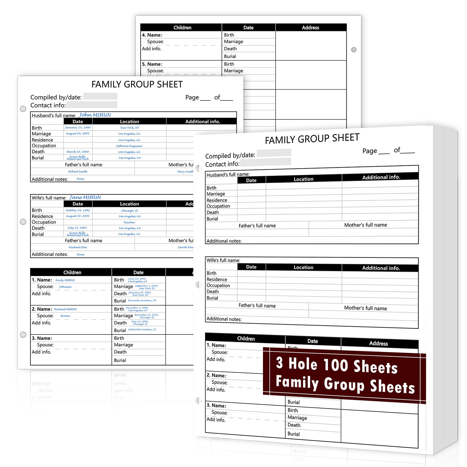 100 Sheets 3 Hole 12Th Generation Family Group Sheets Two-Sided Blank Genealogy Forms 8.5  11 Inch Family Tree Charts Genealogy
