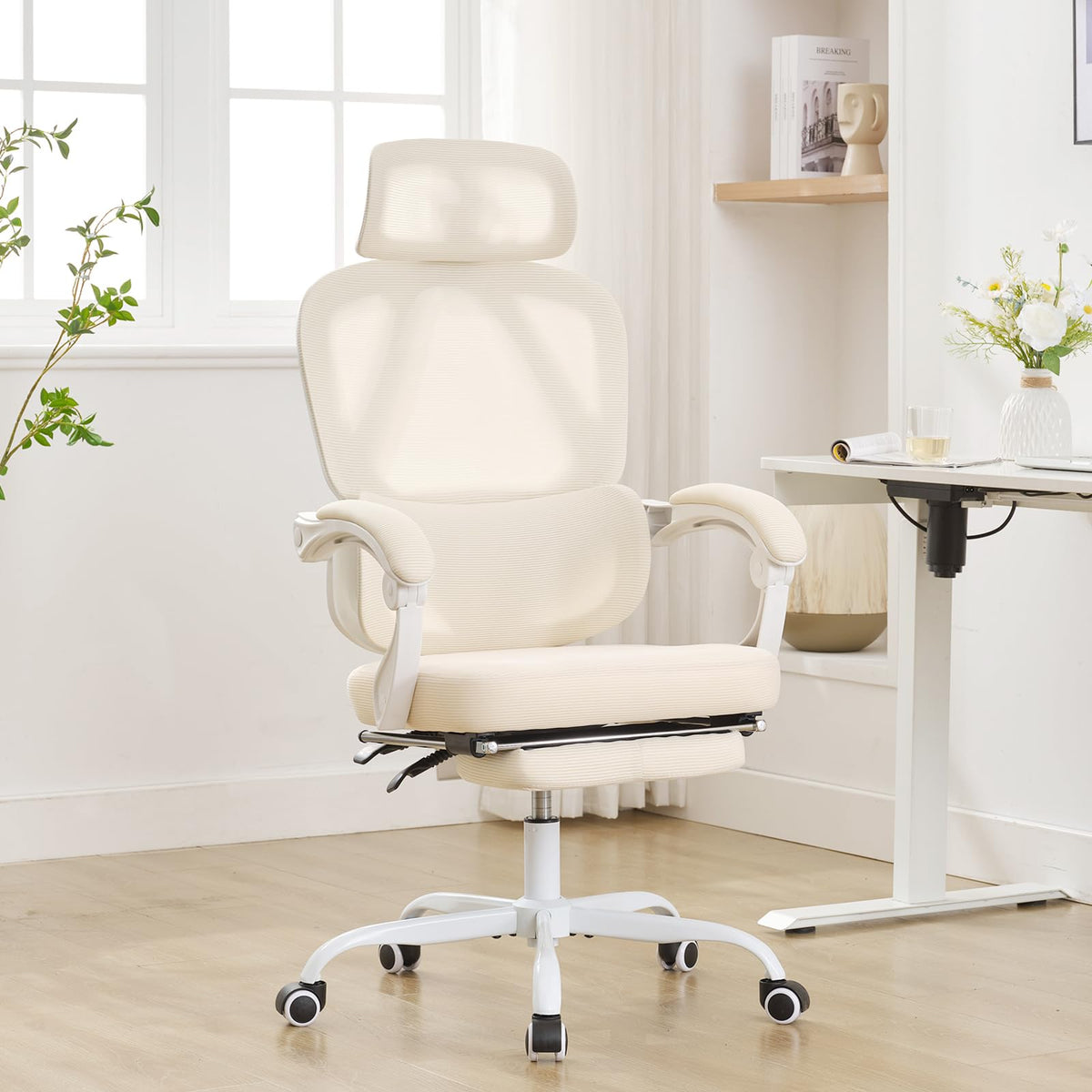 Bowthy Ergonomic Office Chair With Footrest,Home Office Desk Chair With Adjustable Lumbar Support & Headrest,90-135 Comfy Reclin