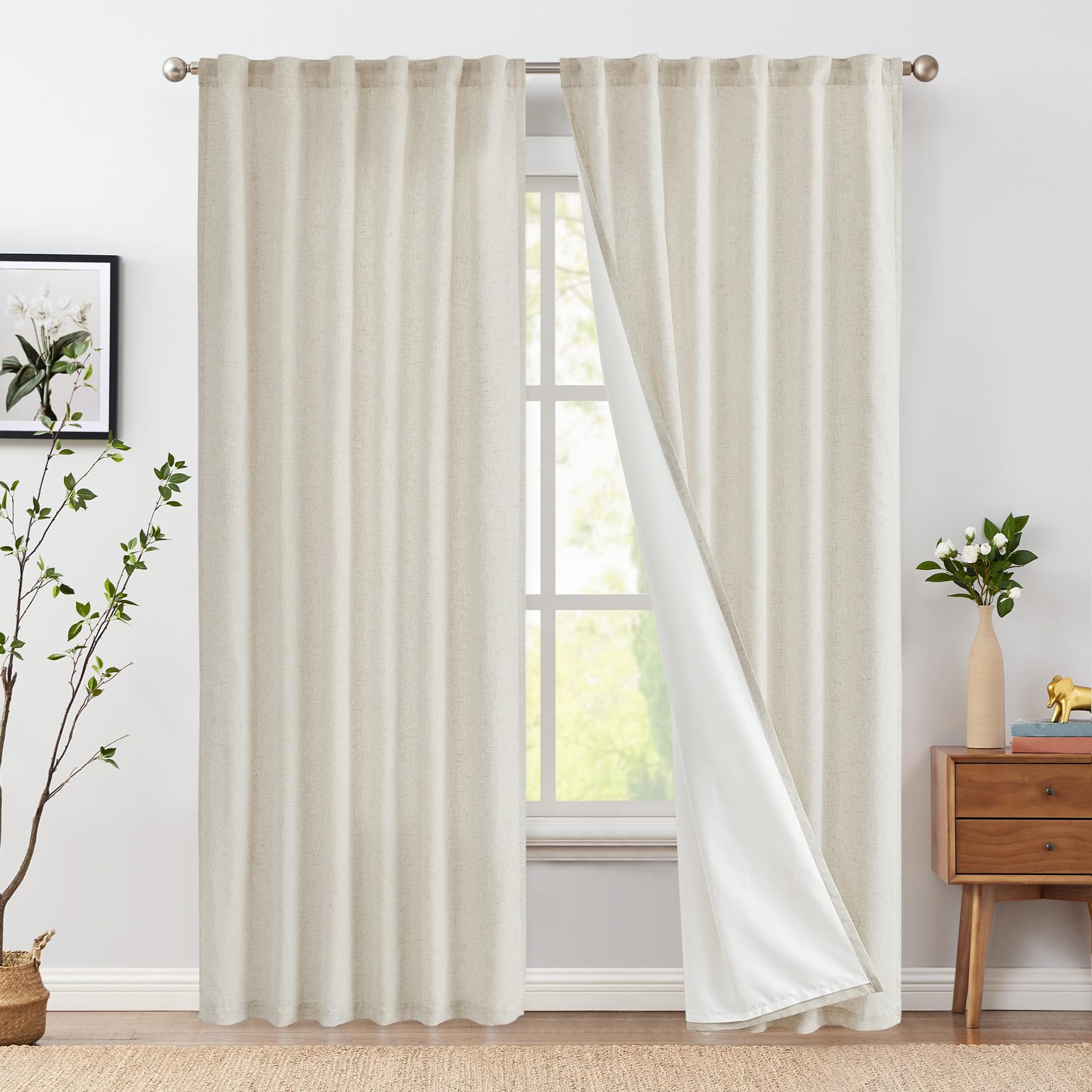 Jinchan Linen Blend Beige Curtains 96 Inches Long For Living Room Farmhouse Rod Pocket Back Tab Light Filtering Window Drapes With Lined For Bedroom Crude 2 Panels Ecru
