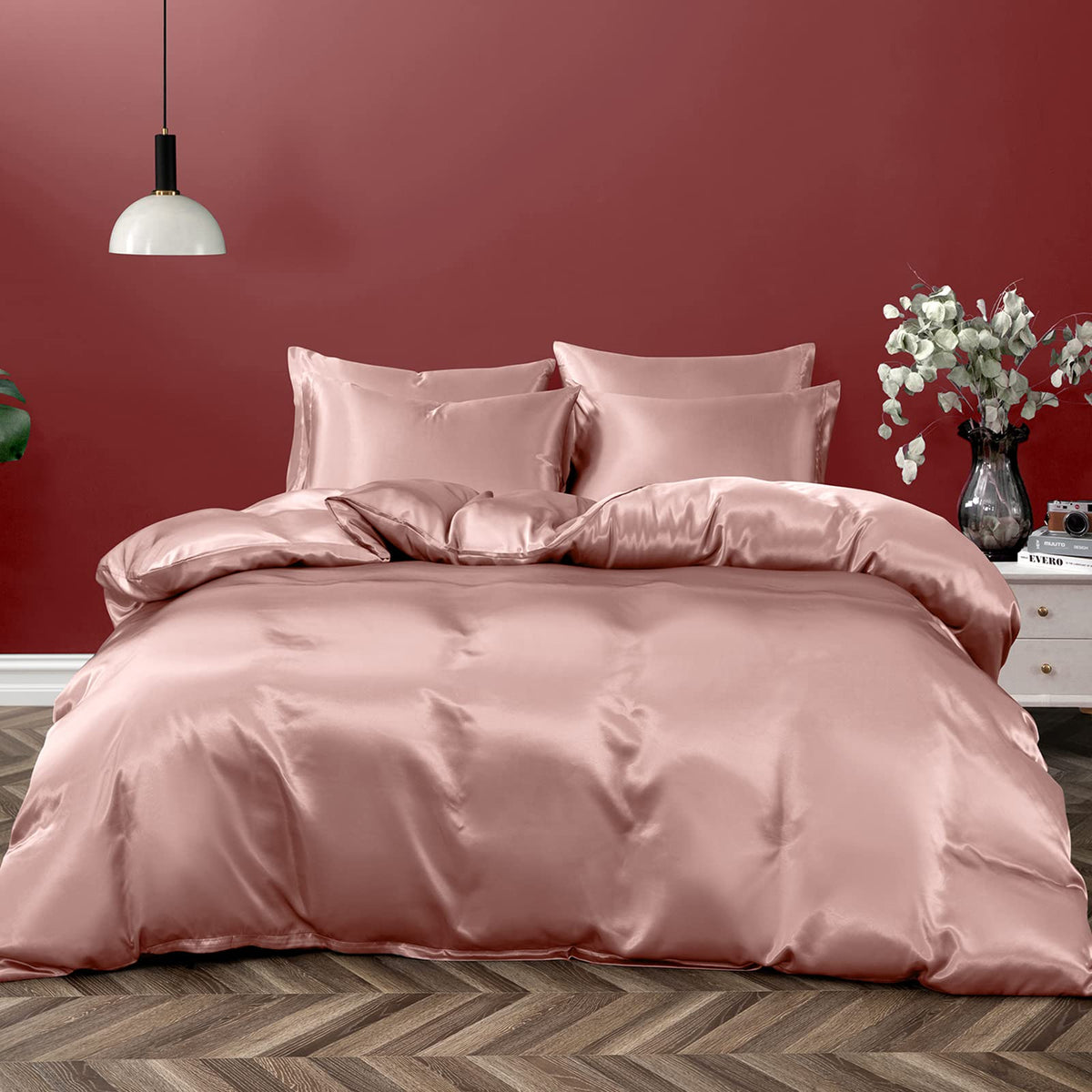 P Pothuiny 5 Pieces Satin Duvet Cover California King Size, Luxury Silky Like Champagne Duvet Cover Bedding Set With Zipper Clos