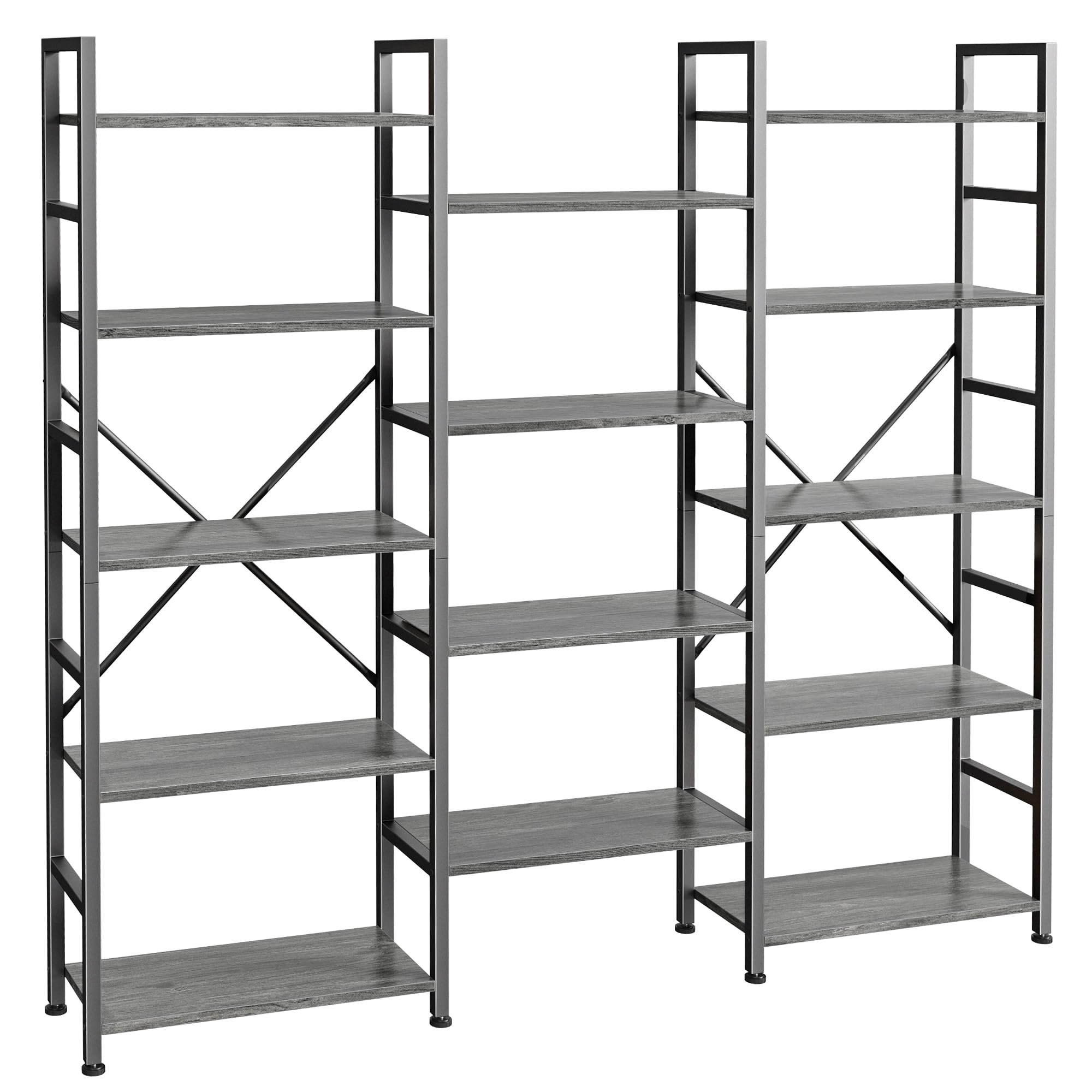 Superjare Triple 5 Tier Bookshelf, Bookcase With 14 Open Display Shelves, Wide Book Shelf Book Case For Home & Office, Grey