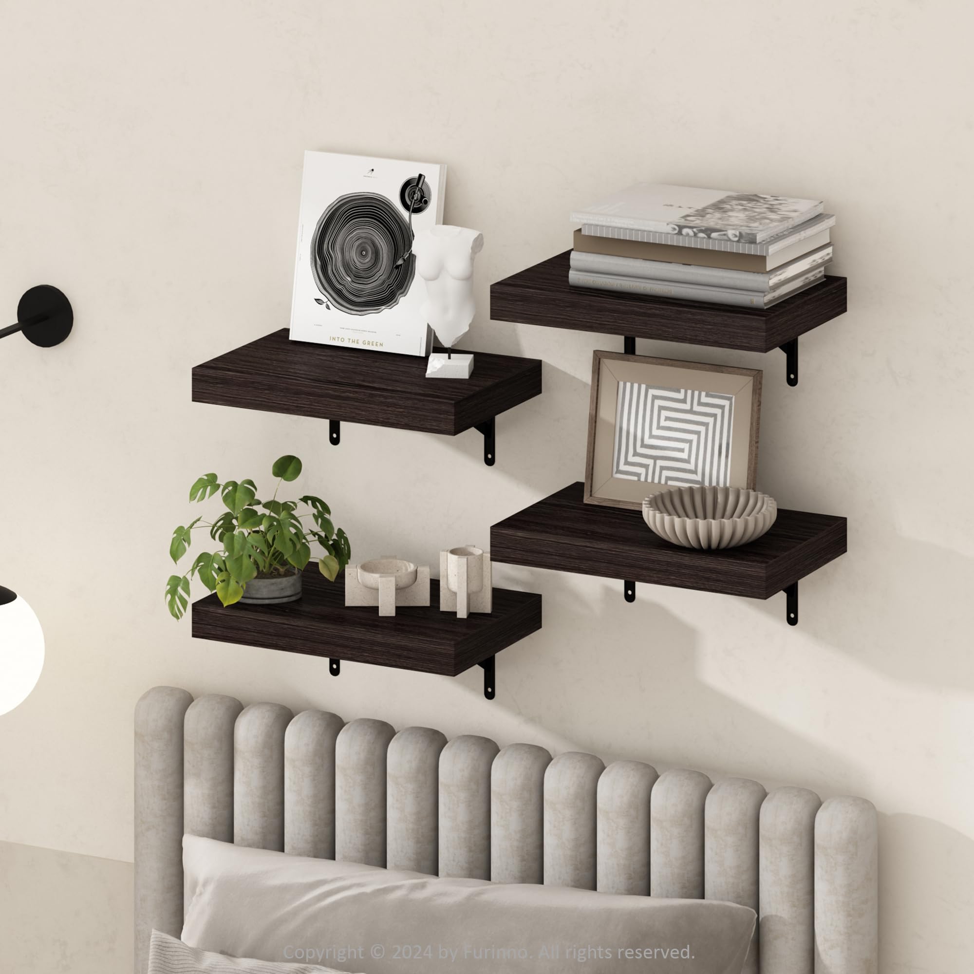 Furinno Tanna 15-Inch Wall Mounted Floating Display Shelves, Tobacco Oak, Set of 4