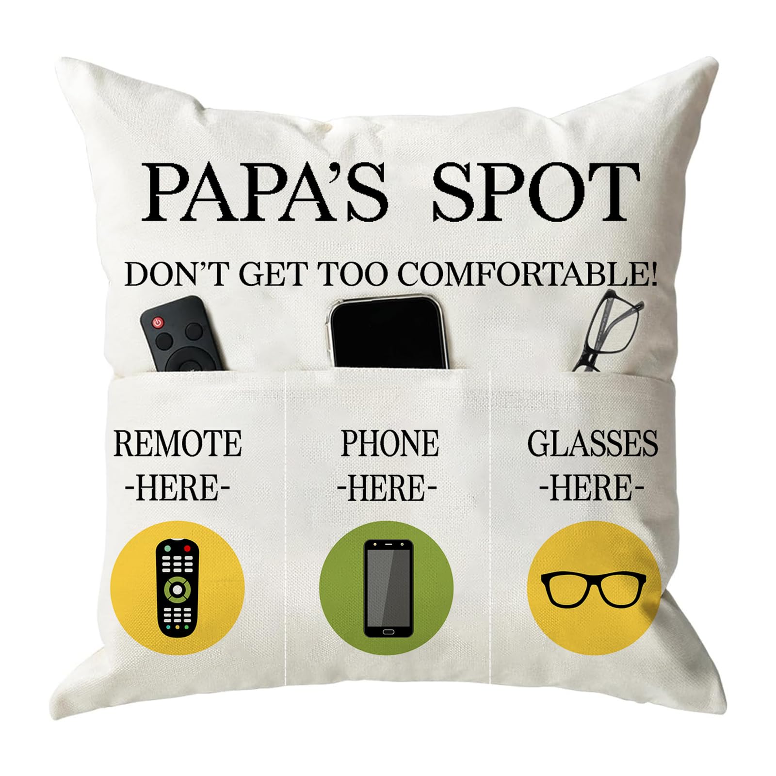 Onfaon Papa Gifts Throw Pillow Case, Papa'S Spot Throw Pillow Covers 18 X 18 Inch,Put Phone Glasses And Remote Control Pillowcas
