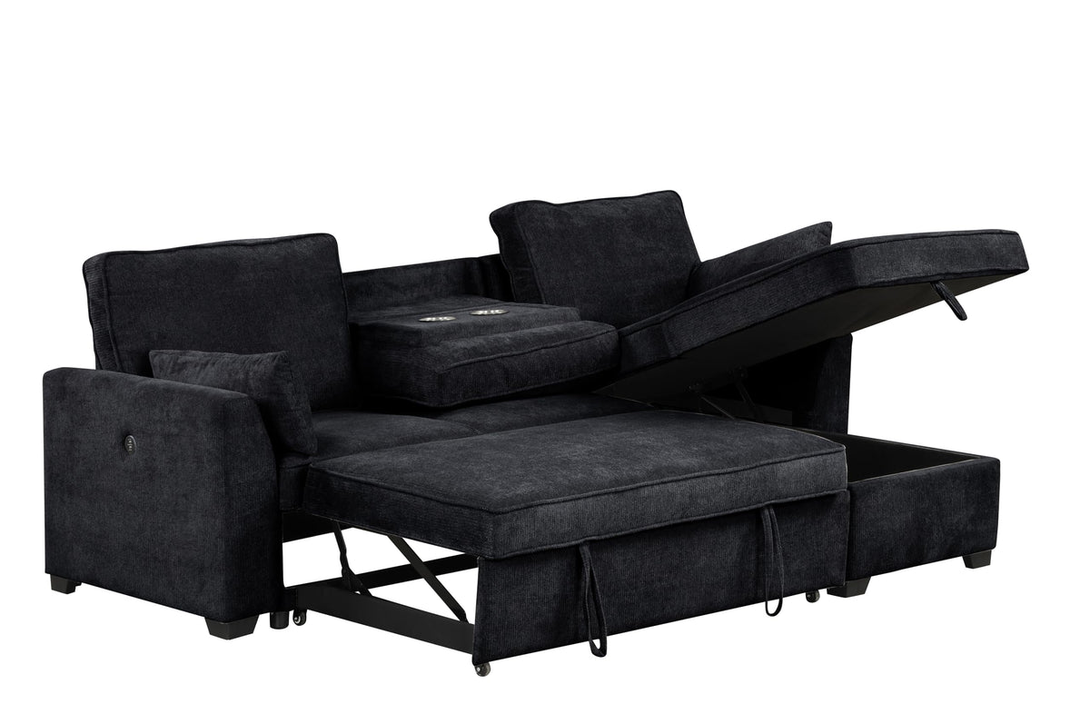 Lilola Home Ember 92&quot; W Black Fabric Sleeper Sectional With Reversible Storage Chaise, Usb Charging Ports, And Cupholders