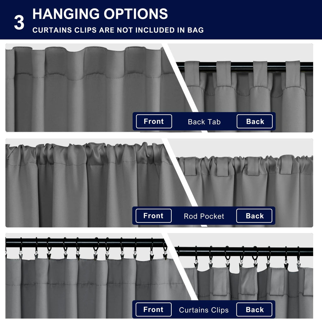 Hiasan Grey Curtains 63 Inch Long Sewn With Tiebacks, Rod Pocket & Back Tab Gray Blackout Thermal Insulated Drapes, Room Darkeni