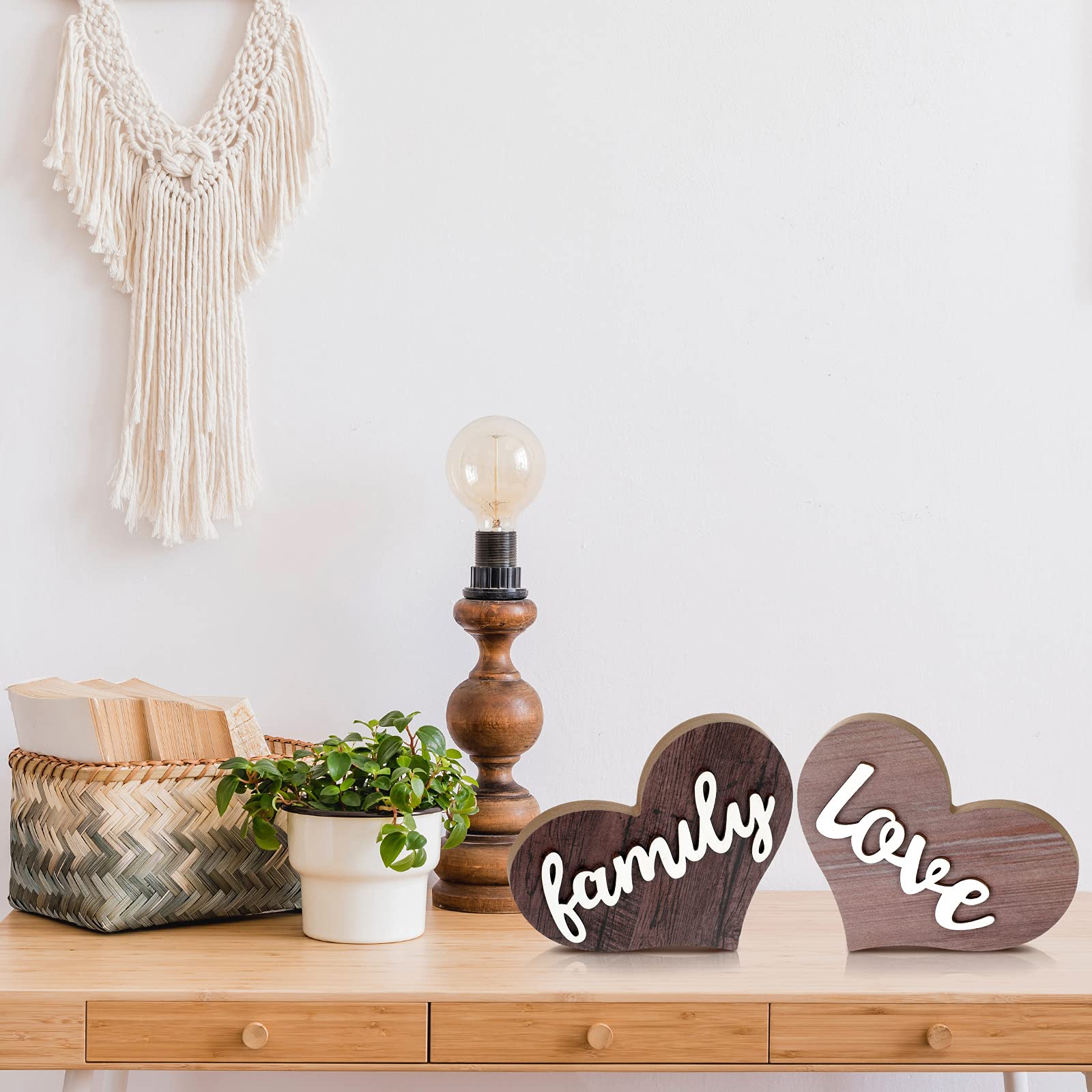 Jetec 2 Pieces Heart Shaped Wooden Decor Sign Table Love Wooden Wedding Decoration Rustic Home Love Sign Wooden Table Centerpiec