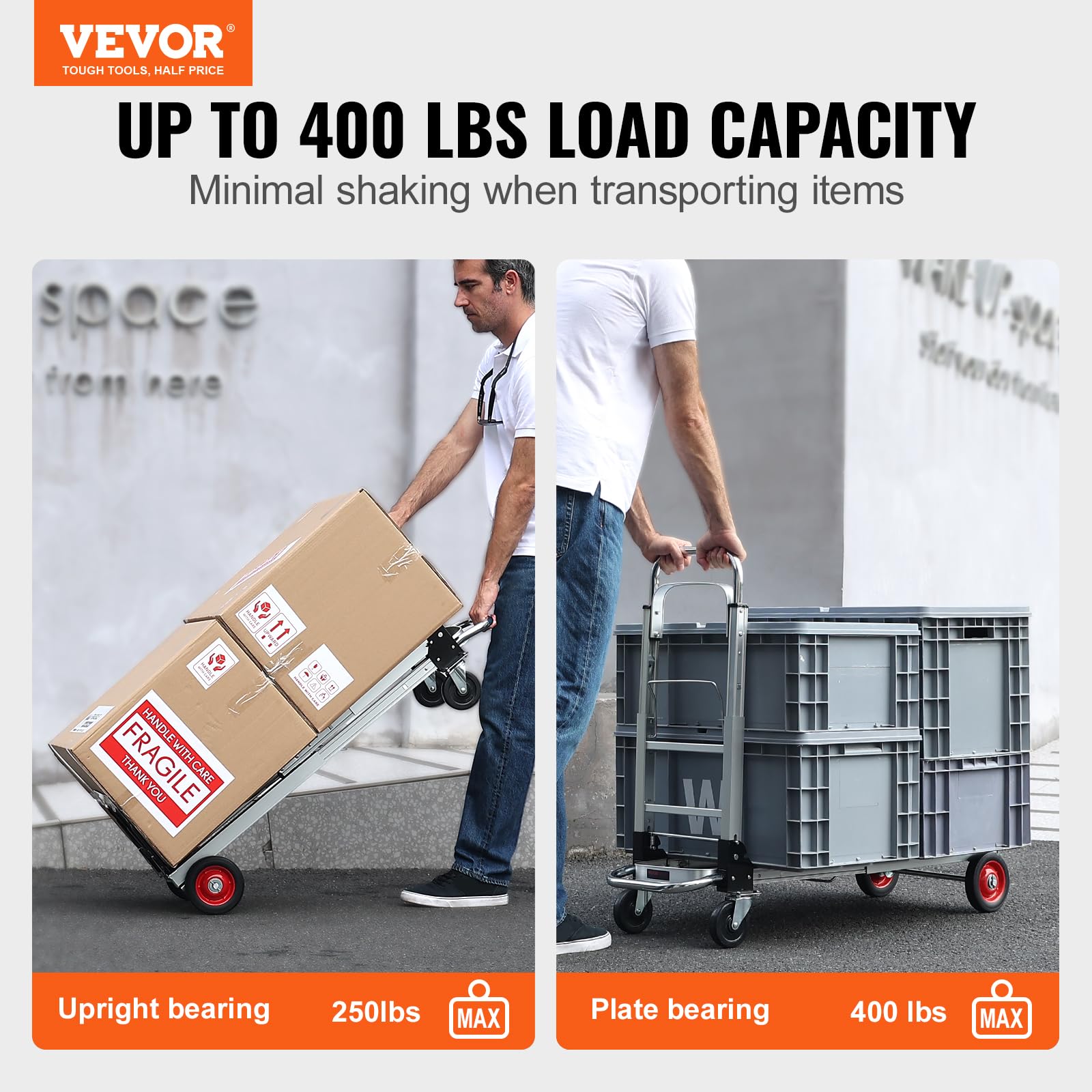 Vevor Aluminum Folding Hand Truck, 2 In 1 Design 400 Lbs Capacity, Heavy Duty Industrial Collapsible Cart, Dolly Cart With Rubbe