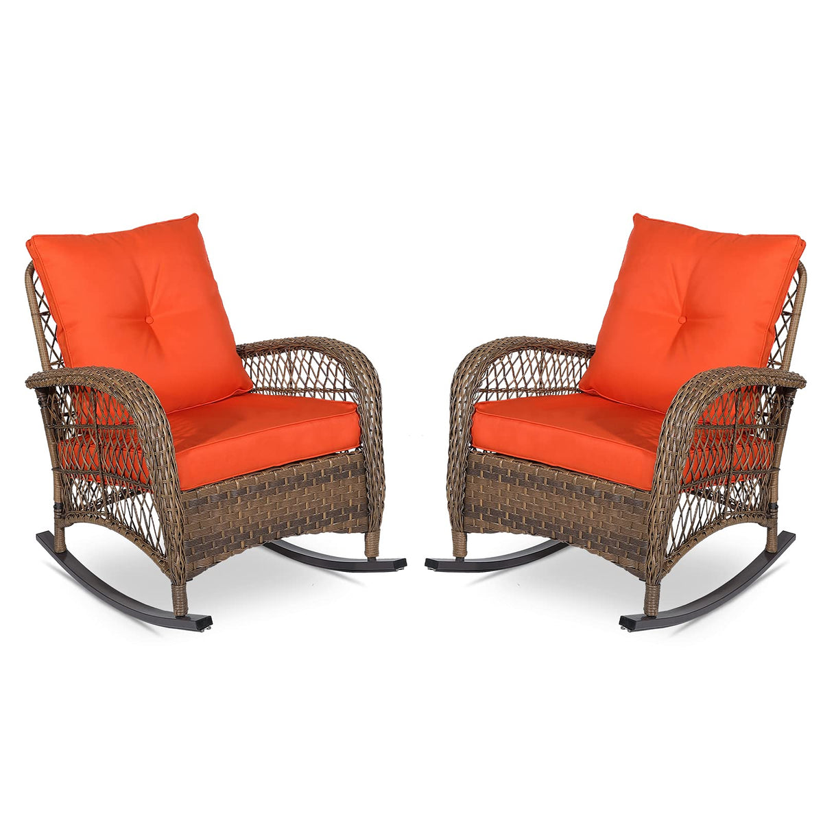 Vivijason 2 Piece Patio Wicker Rattan Rocker Chair, Outdoor Rattan Rocker Chair With Cushions & Steel Frame, All-Weather Rocking Lawn Wicker Furniture For Garden Backyard Porch (Orange)