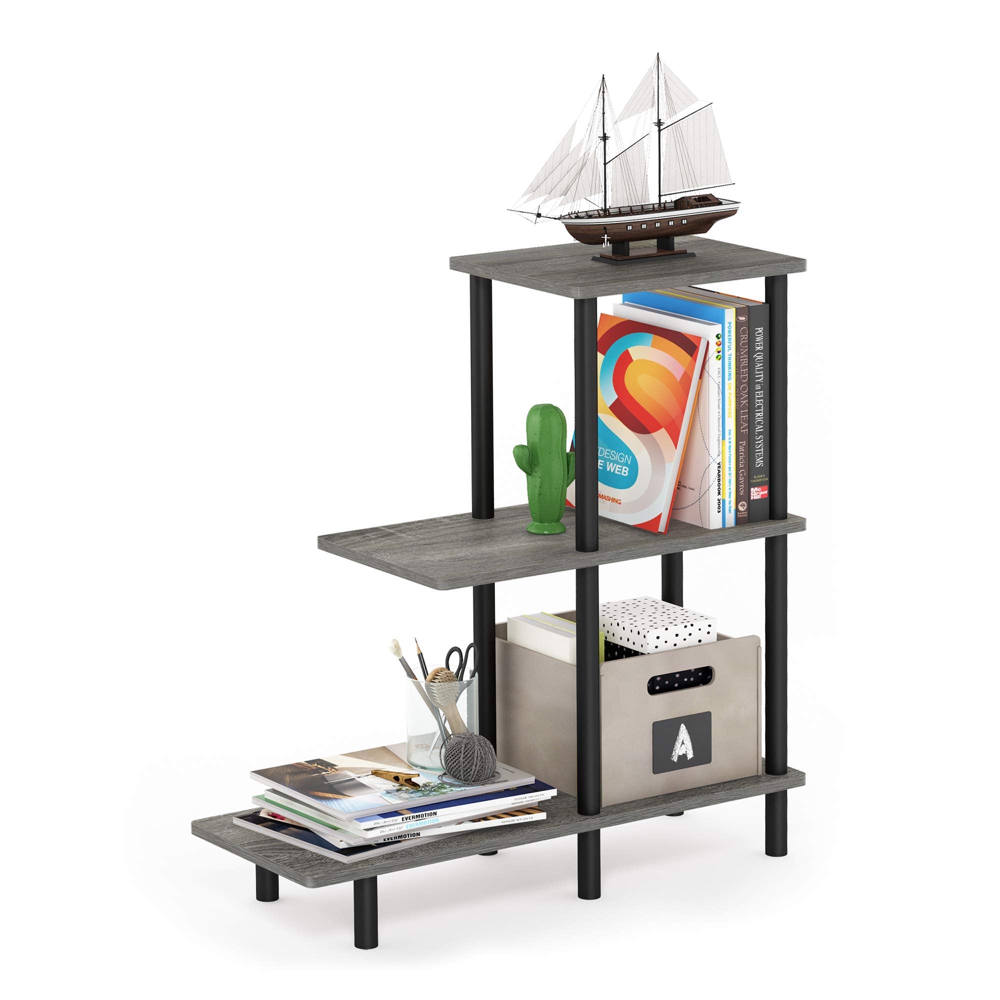 Furinno Turn-N-Tube 3-Tier Sofa Side Table Tall, French Oak Grey/Black