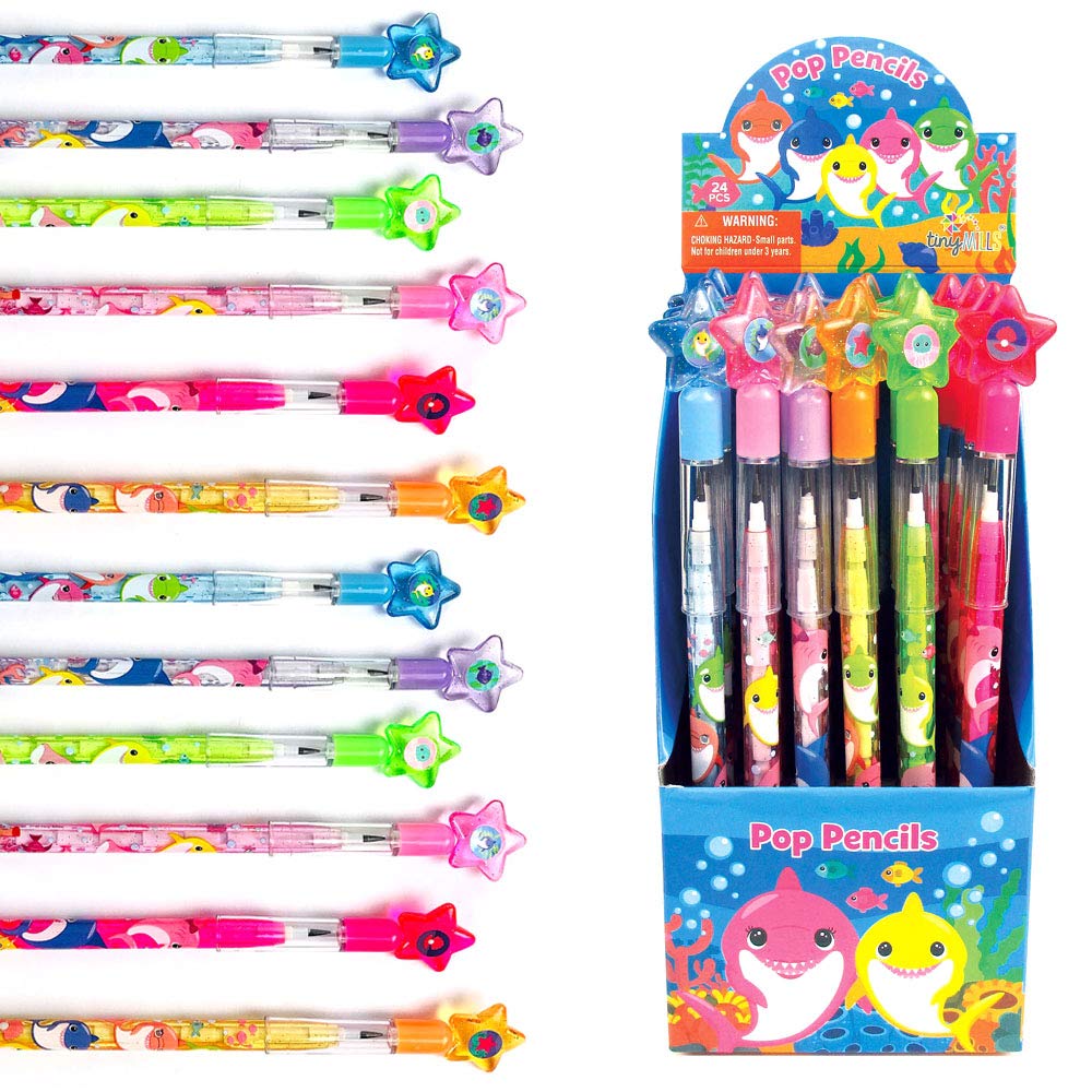 Tinymills 24 Pcs Shark Family Multi Point Stackable Push Pencil Assortment With Eraser For Shark Birthday Party Favor Prize Carn