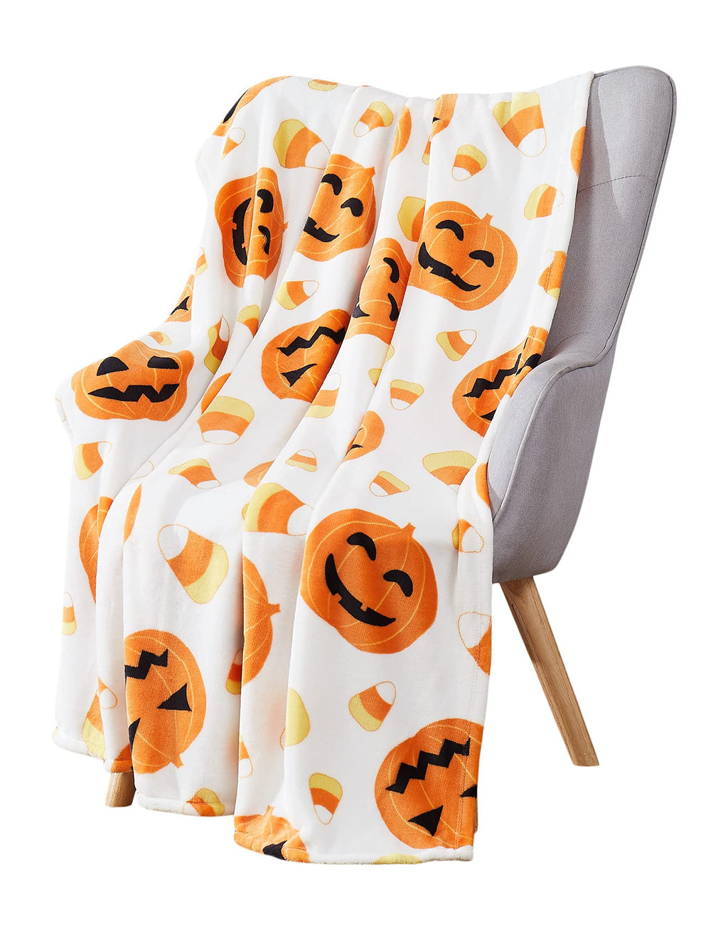 Halloween Throw Blanket: Jack O Lantern Pumpkins with Candy Corns Print on Soft Velvet Fleece for Sofa Bed Couch Chair or Dorm