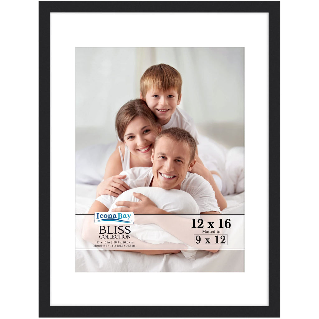 Icona Bay 12x16 Black Picture Frame Fits 11x15 Photos with Mat to 9x12 Image, Modern Style Wood Composite Poster Frame, Wall Mou
