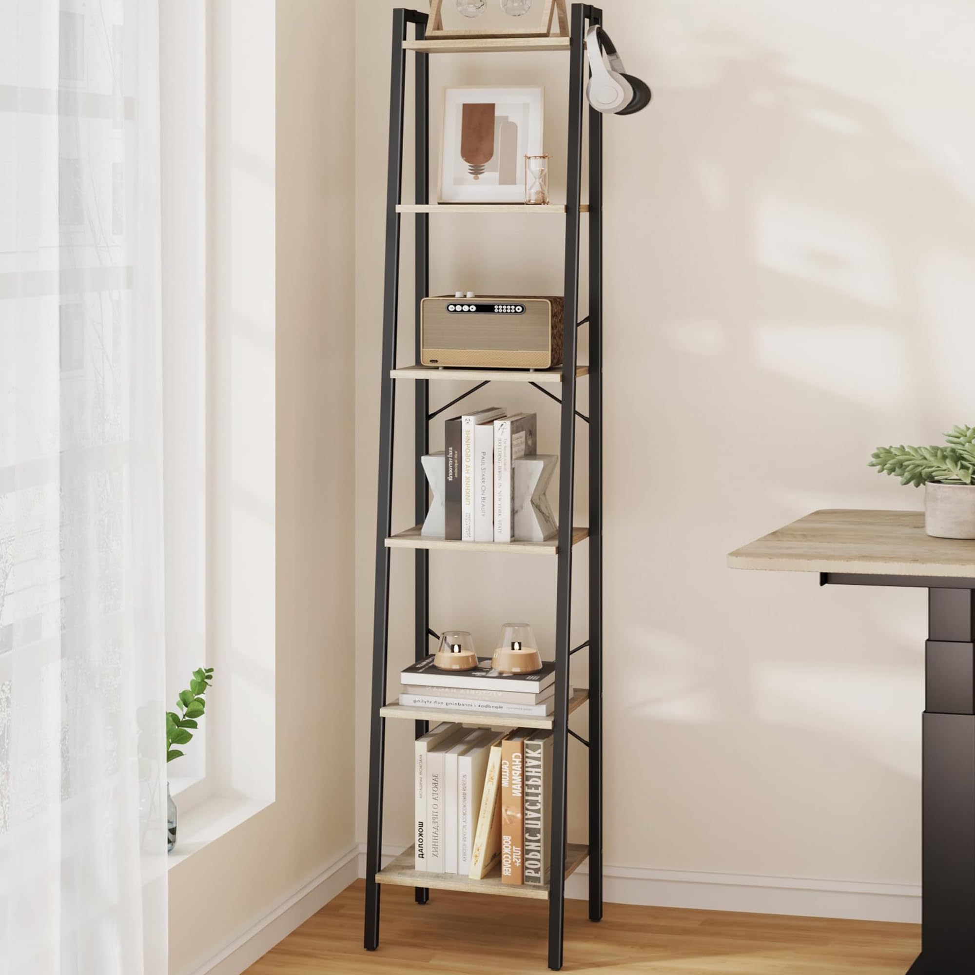 Hzuaneri Ladder Shelf, Bookshelf Bookcase, Freestanding Corner Storage Shelve With 2 Hooks For Home Office, Living Room, Kitchen, Bedroom, Industrial, 6-Tier Greige Bc13305B