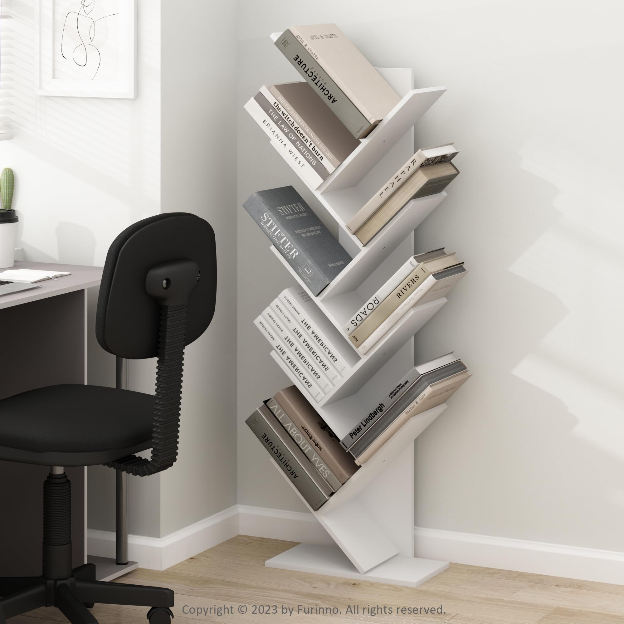 Furinno Tree Bookshelf 9-Tier Floor Standing Tree Bookcase, White